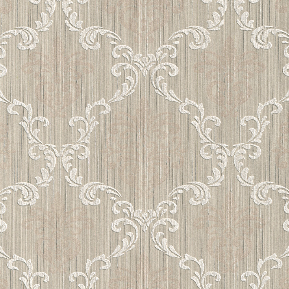             Ornamental wallpaper with tendril pattern & texture effect - beige
        