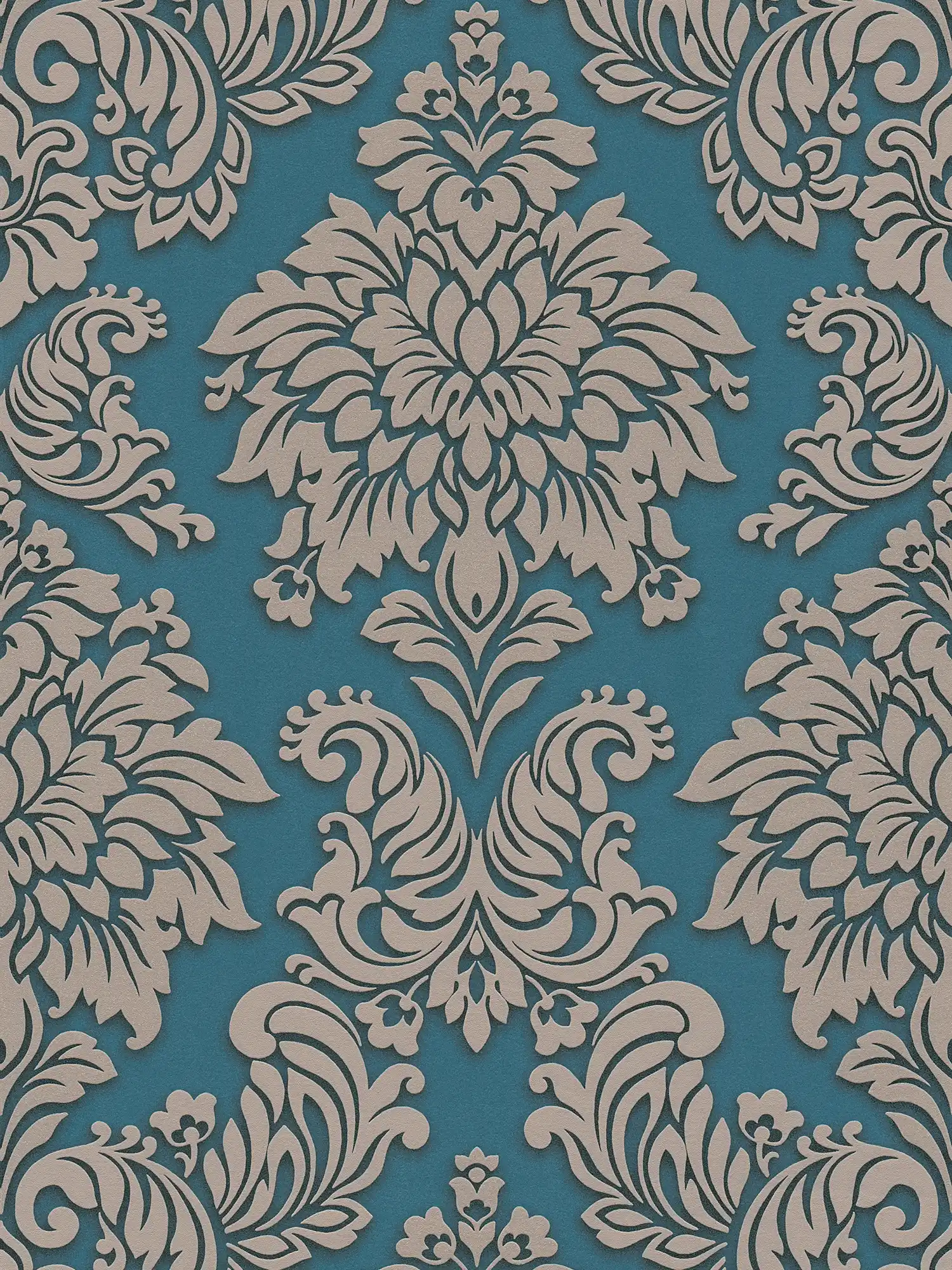 Baroque wallpaper ornaments with glitter effect - blue, silver, beige
