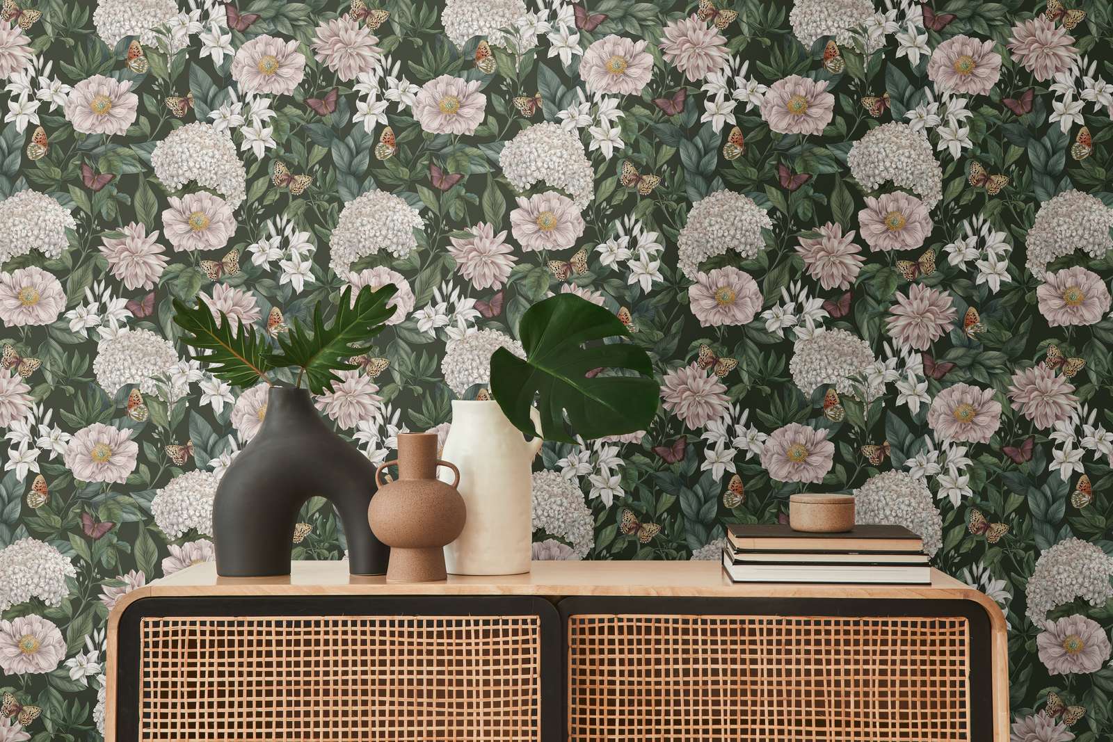             Modern floral style wallpaper with flowers & butterflies textured - black, dark green, white
        