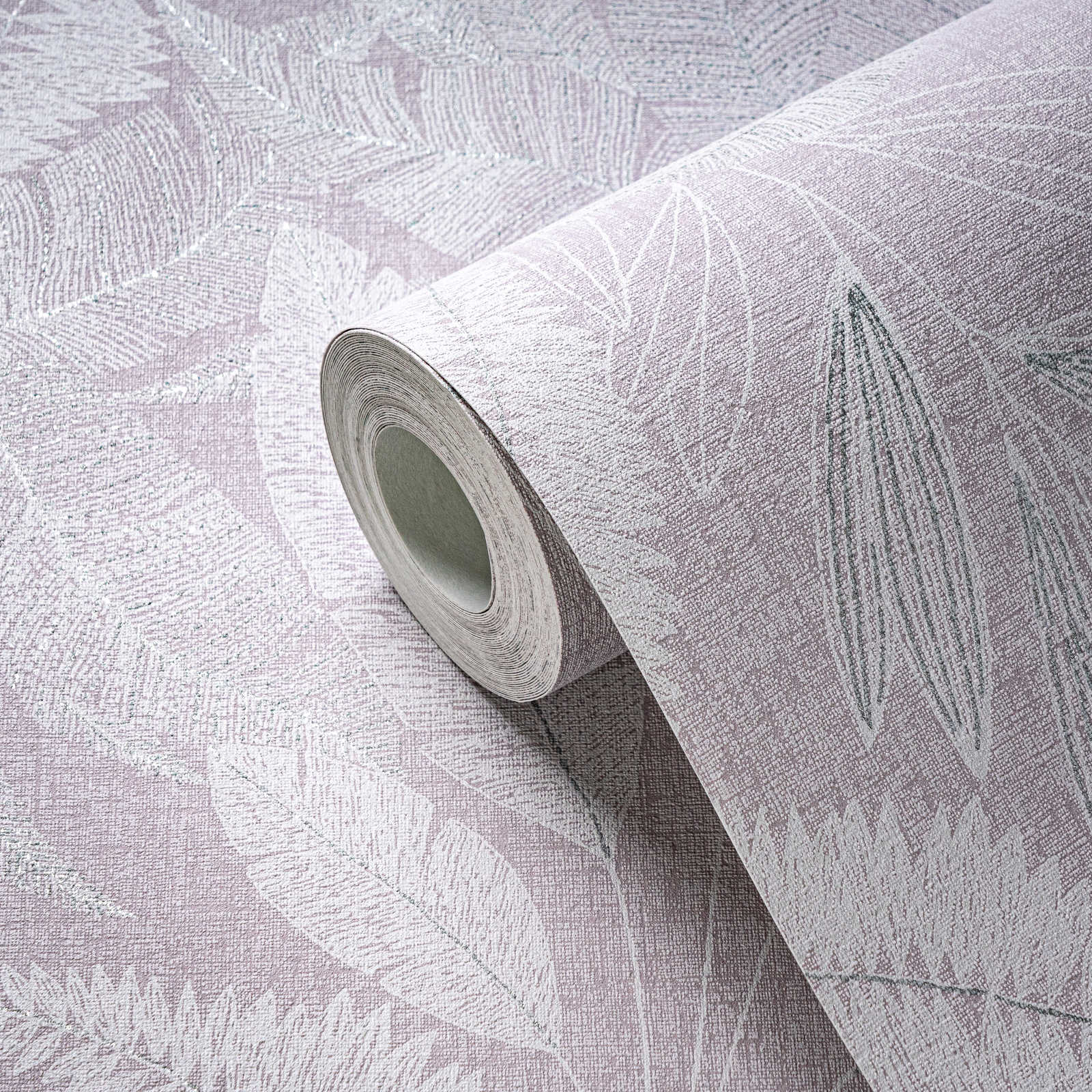             Papel pintado no tejido con motivo de hojas grandes ligeramente texturizado - violeta, blanco, gris
        