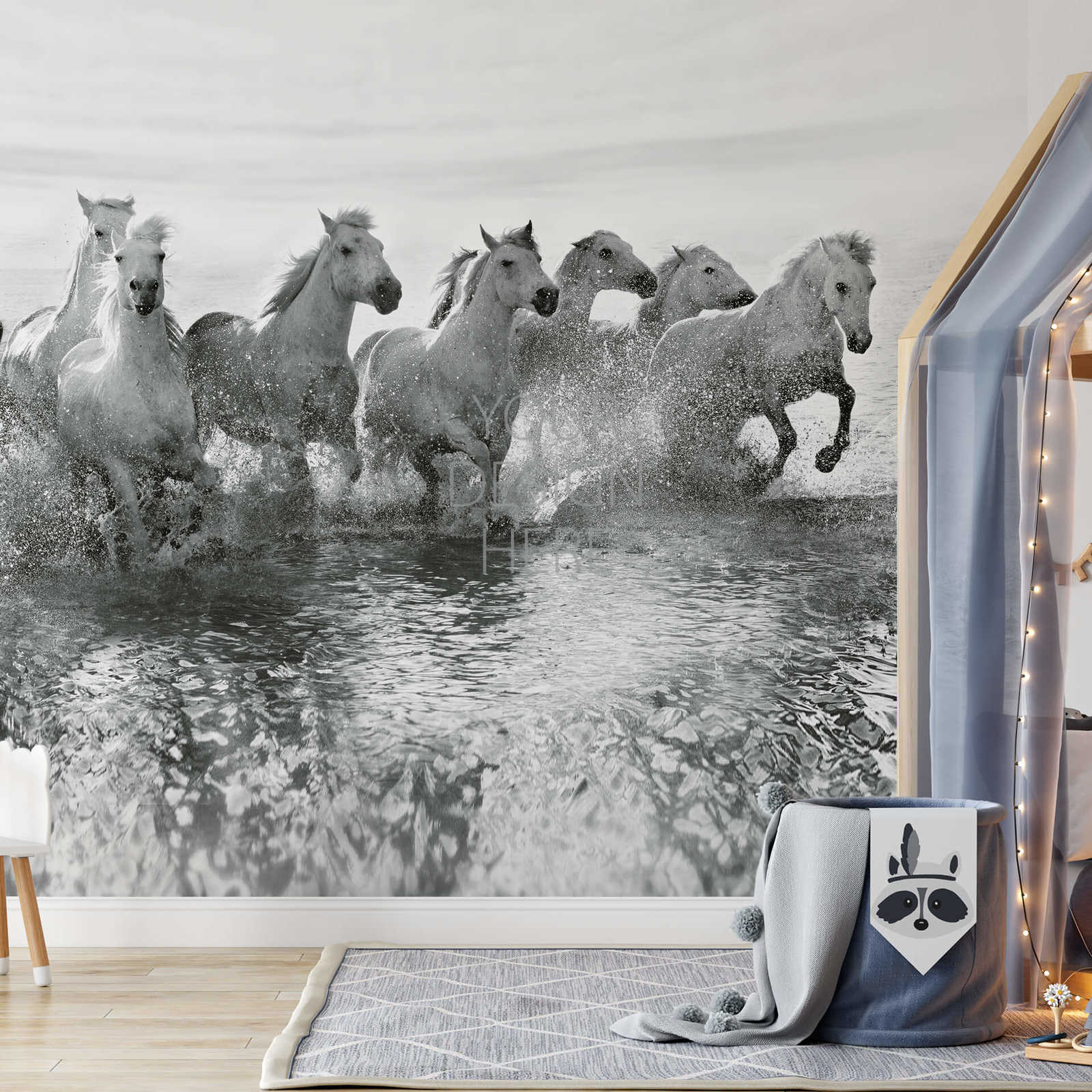             Witte Paarden in Water Behang - Wit, Grijs, Zwart
        