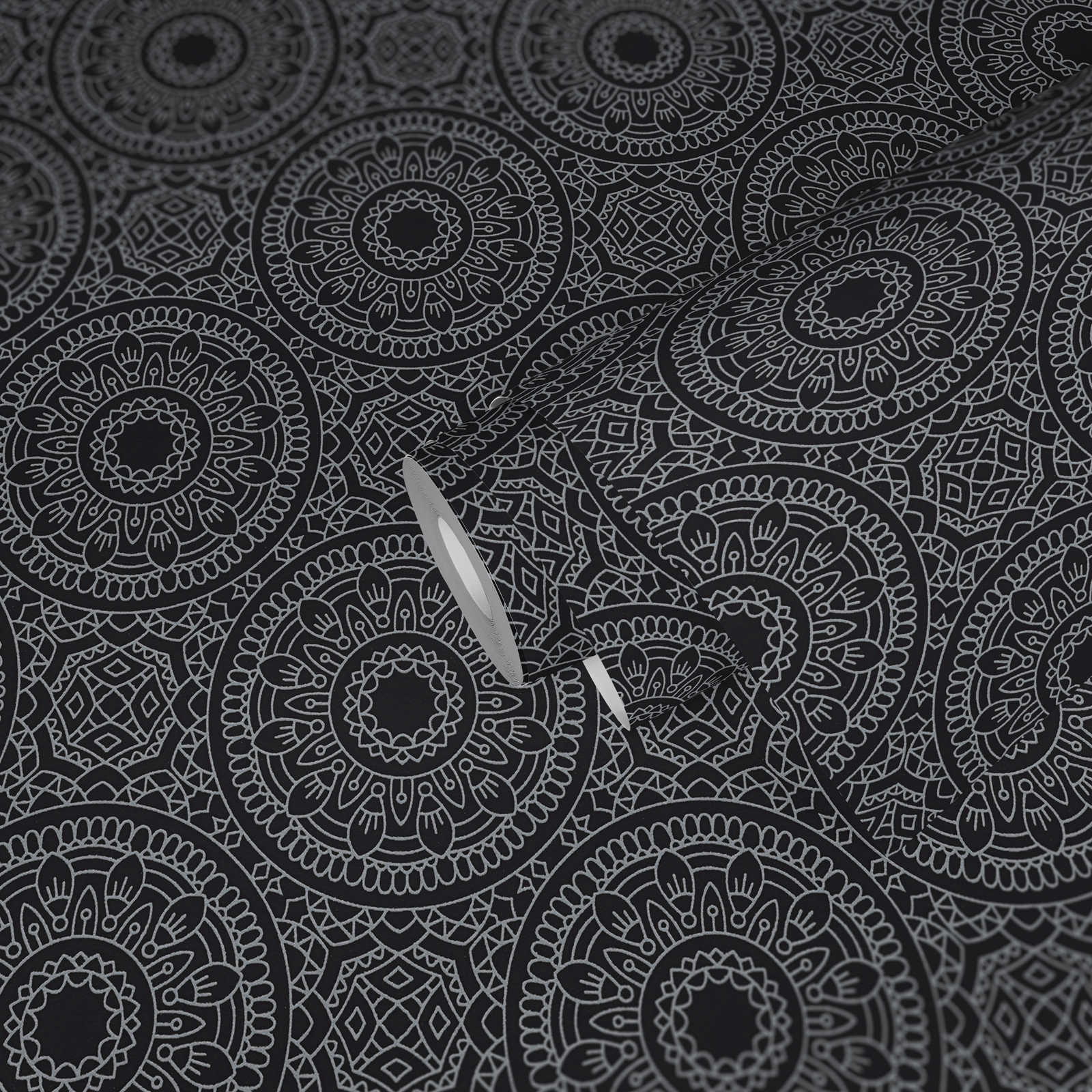             papier peint en papier graphique avec motif circulaire brillant lisse - noir, argenté
        