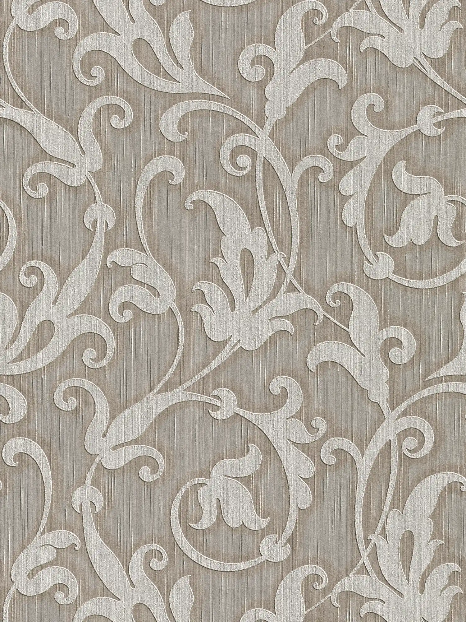 Papel pintado ornamentado de alta calidad con estructura textil y motivos en relieve - gris, marrón

