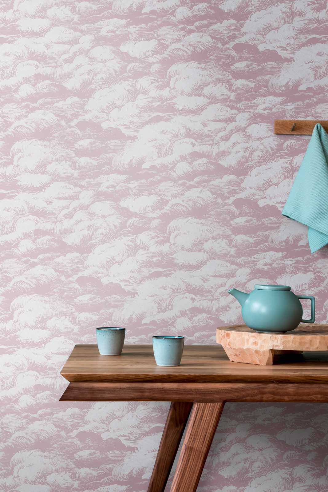             papel pintado nubes rosas antiguas diseño paisaje vintage - rosa, blanco
        
