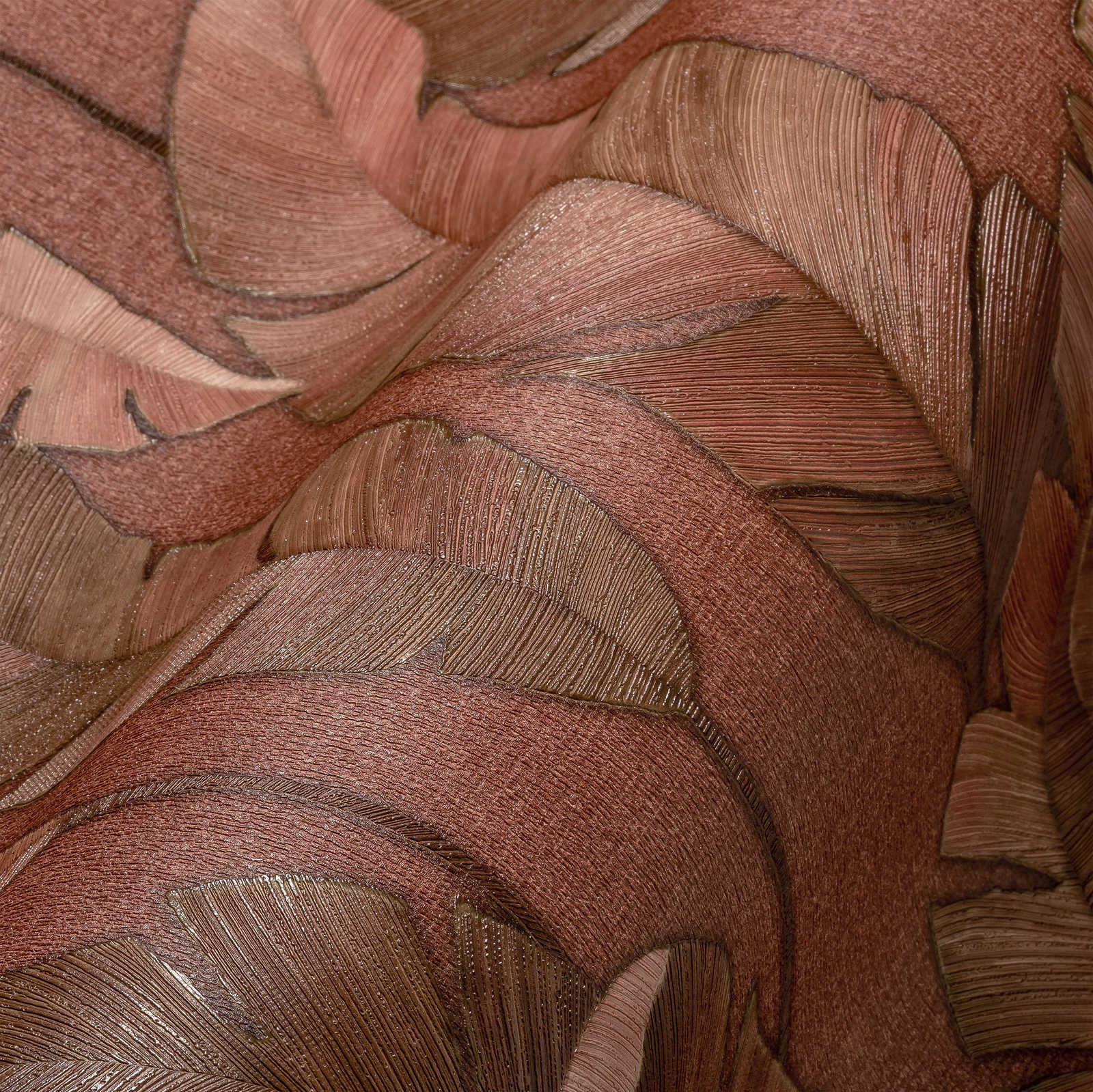             Tropisch vliesbehang met grote palmbladeren - roodbruin
        