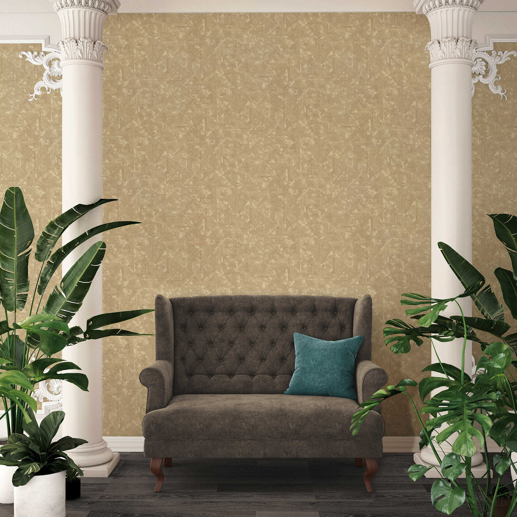             Plain non-woven wallpaper with asymmetrical details - beige, brown, gold
        