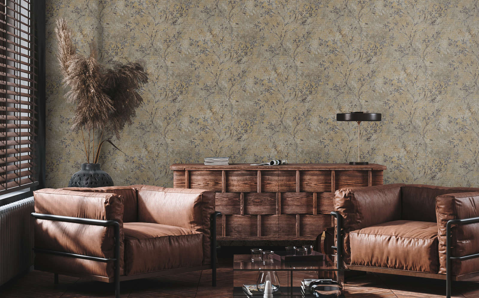             Non-woven wallpaper with floral pattern in watercolour look - brown, grey, gold
        