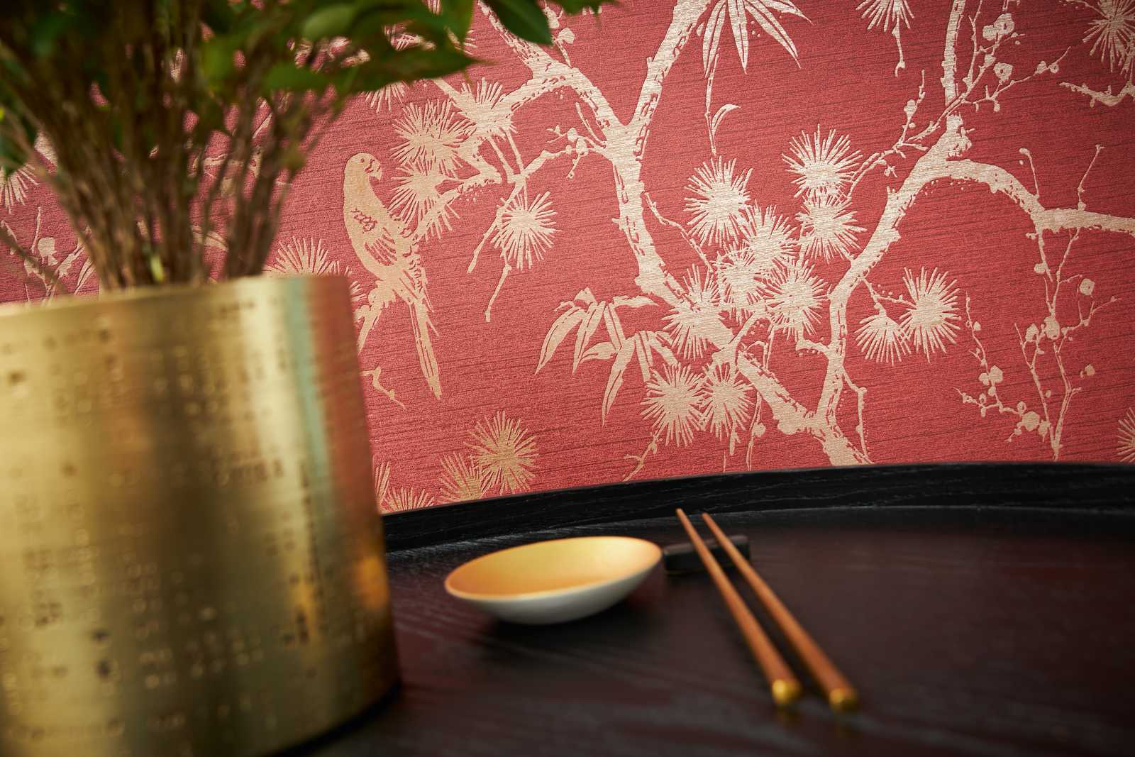             Papel pintado no tejido con diseño natural y patrón dorado - metálico, rojo
        