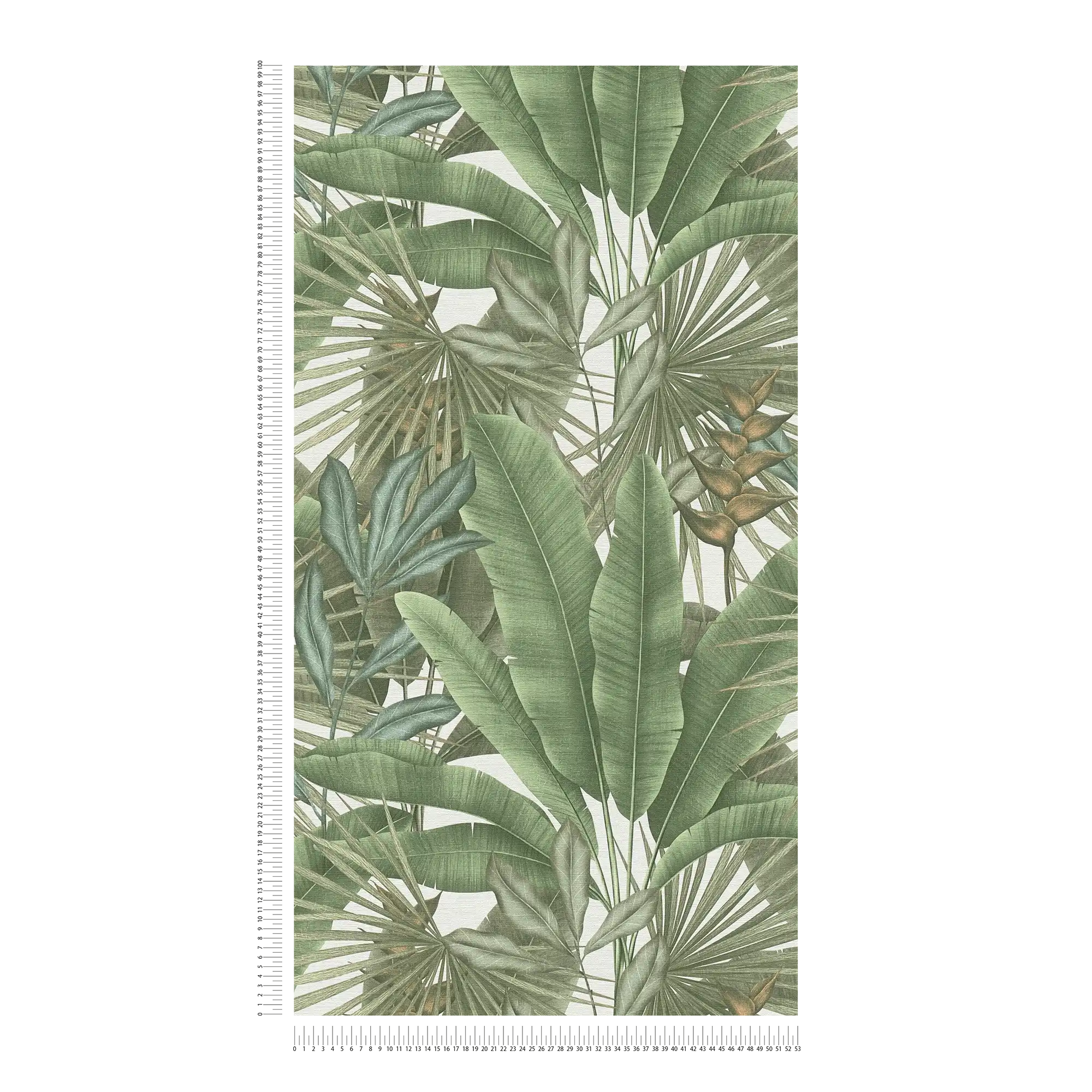             Lightly textured floral jungle wallpaper with large leaves - green, white, beige
        