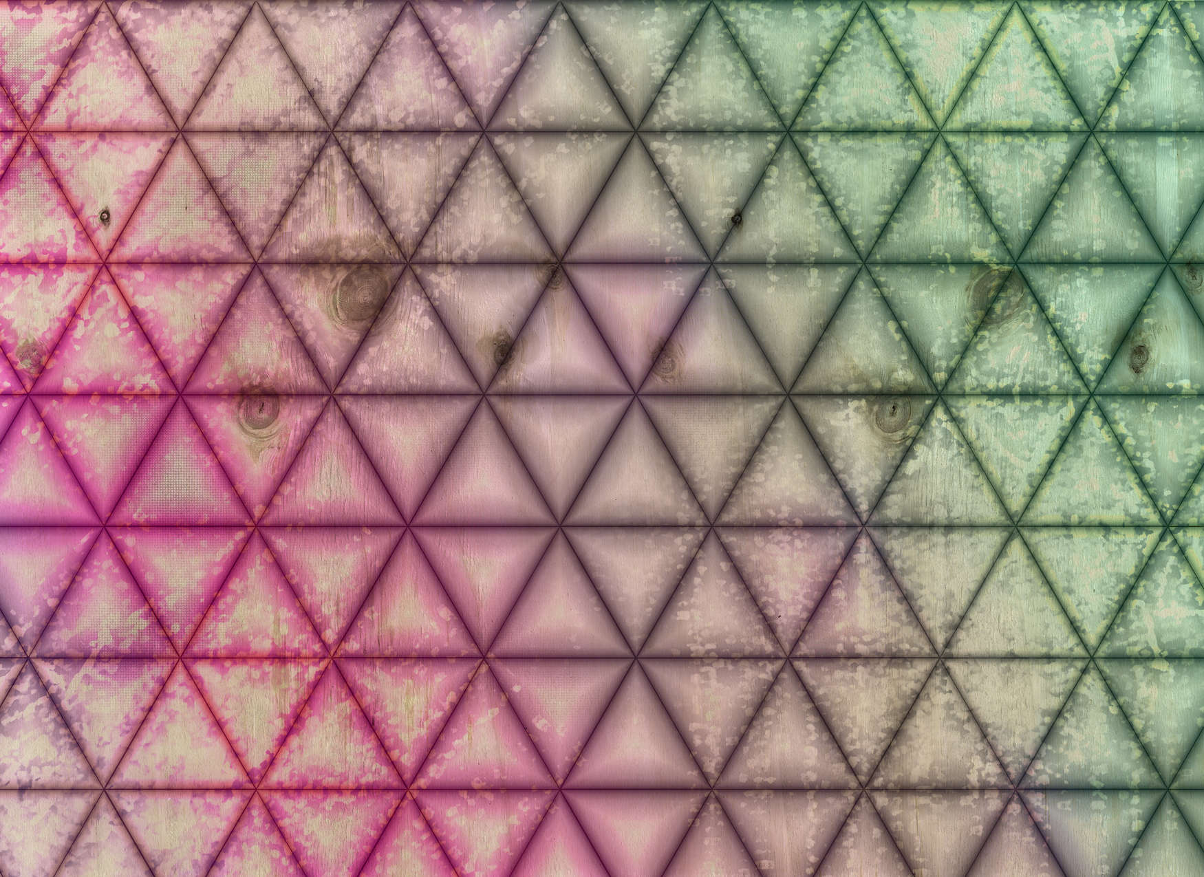             Mural de pared con diseño geométrico de triángulos con aspecto de madera - verde, rosa
        
