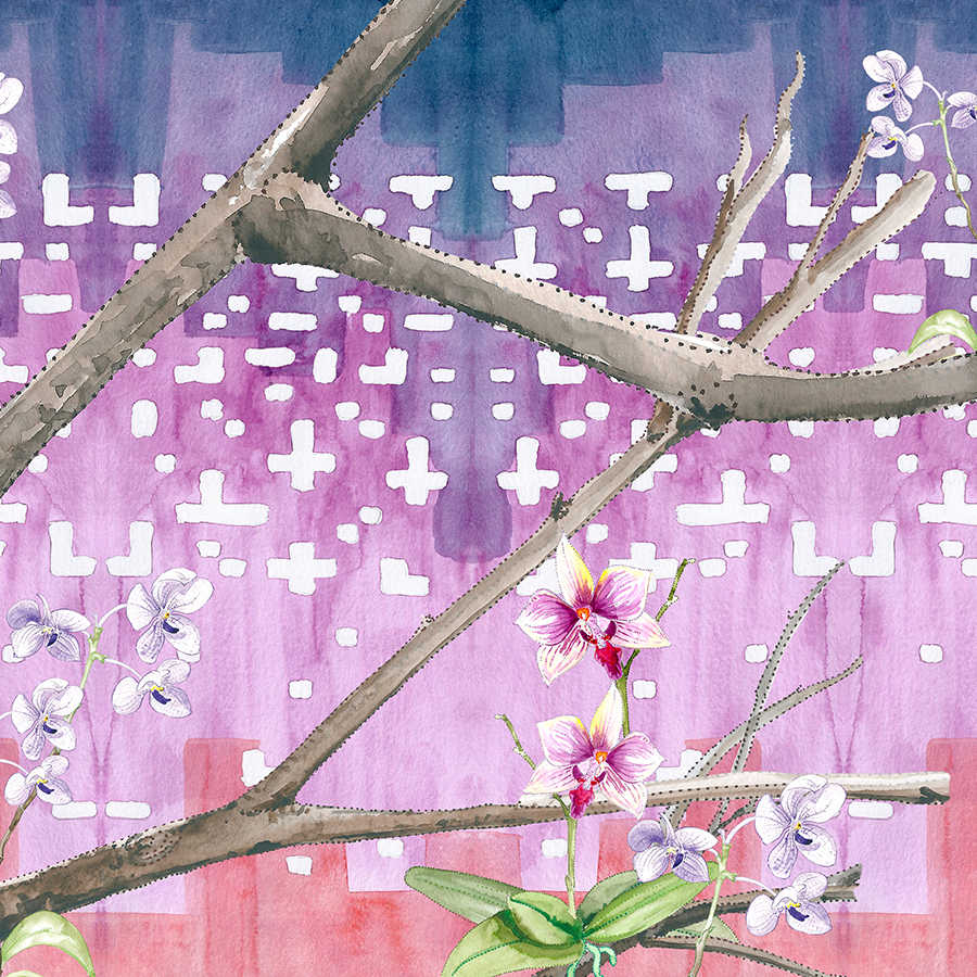 Carta da parati artistica Albero con fiori verde, rosa su tessuto non tessuto liscio opaco
