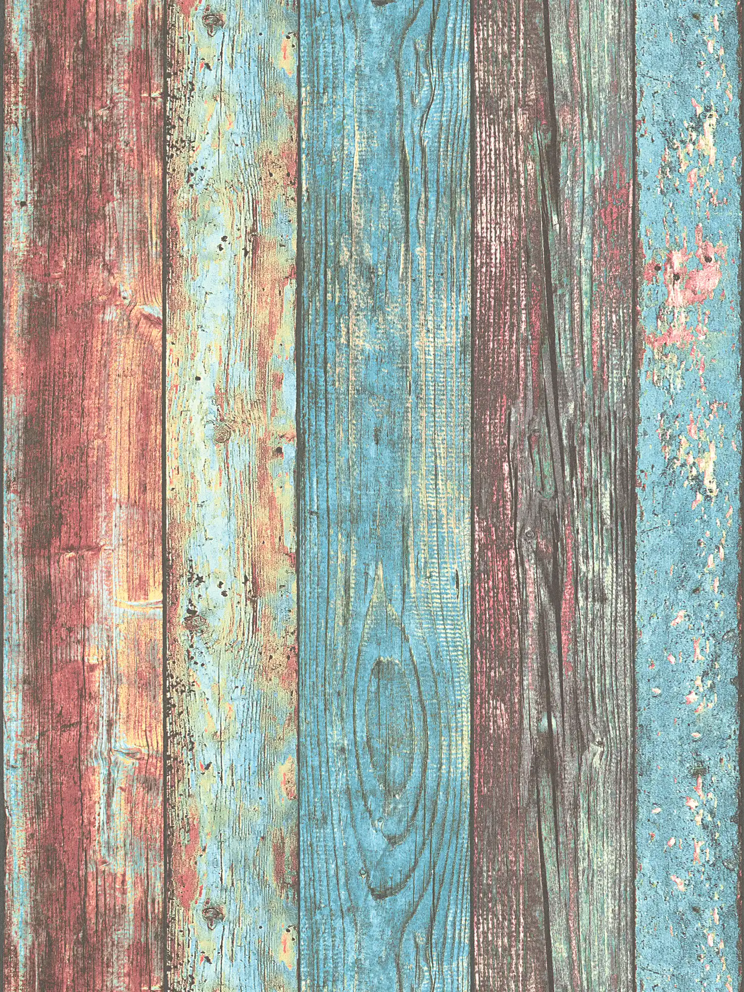 Papel pintado de madera de colores de estilo Shabby Chic con patrón de tablas - azul, rojo, marrón
