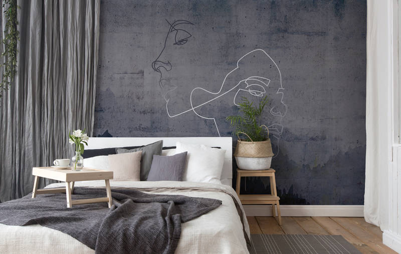             Muurschildering antraciet betonlook & zilverlijn design - blauw, wit, zwart
        