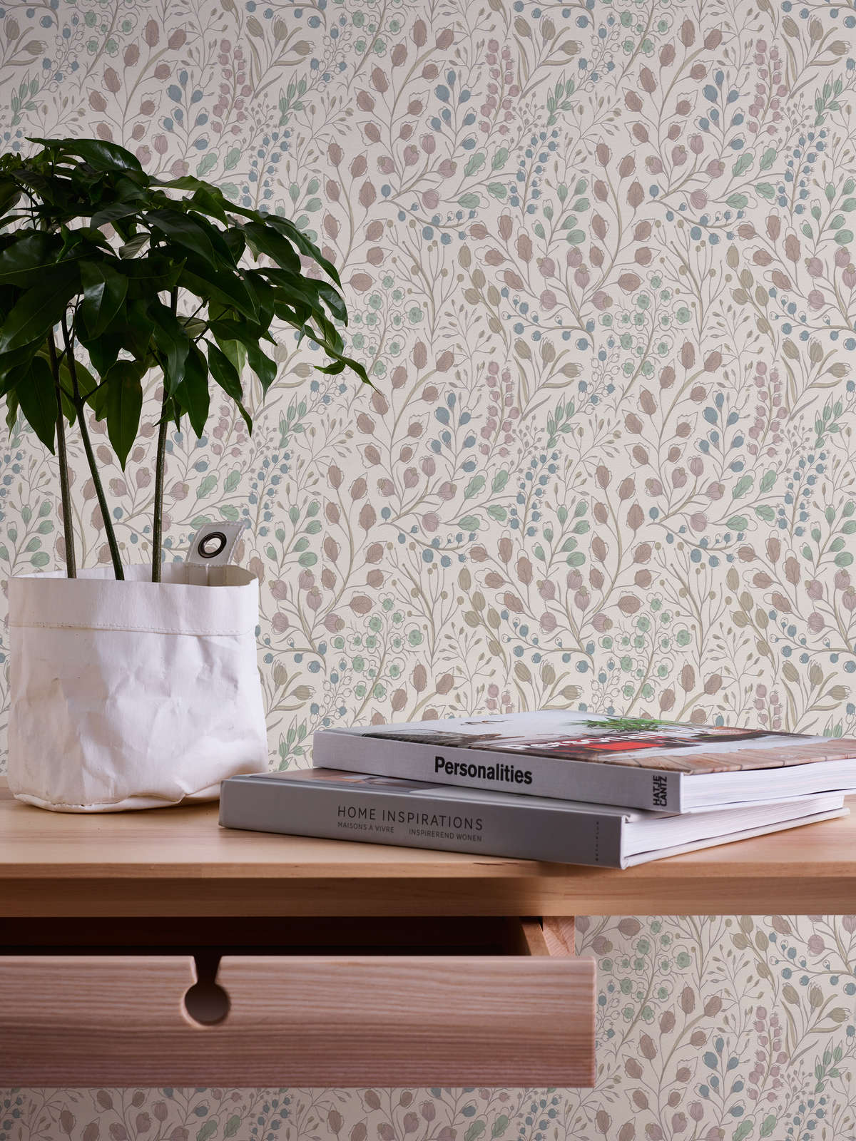             Floral non-woven wallpaper in sign style - white, pink, green
        