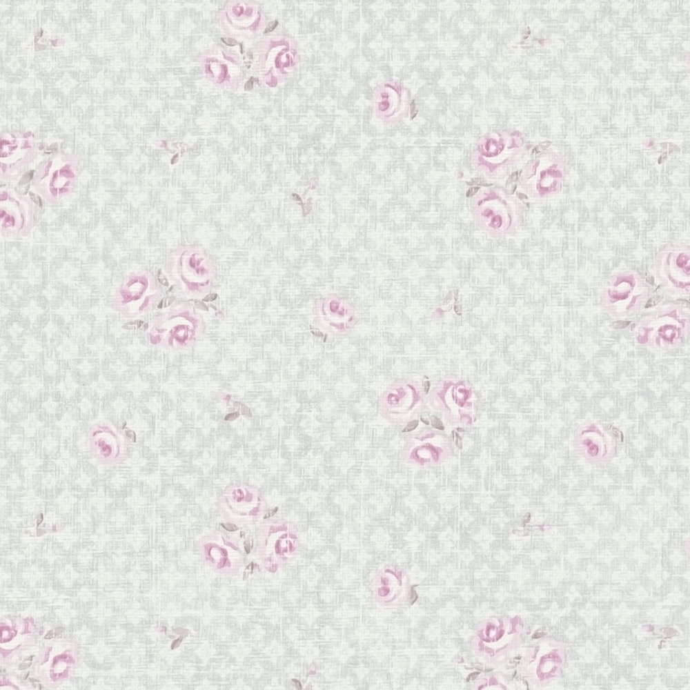             Papel pintado no tejido con motivos florales en estilo Shabby Chic - gris, rosa, blanco
        