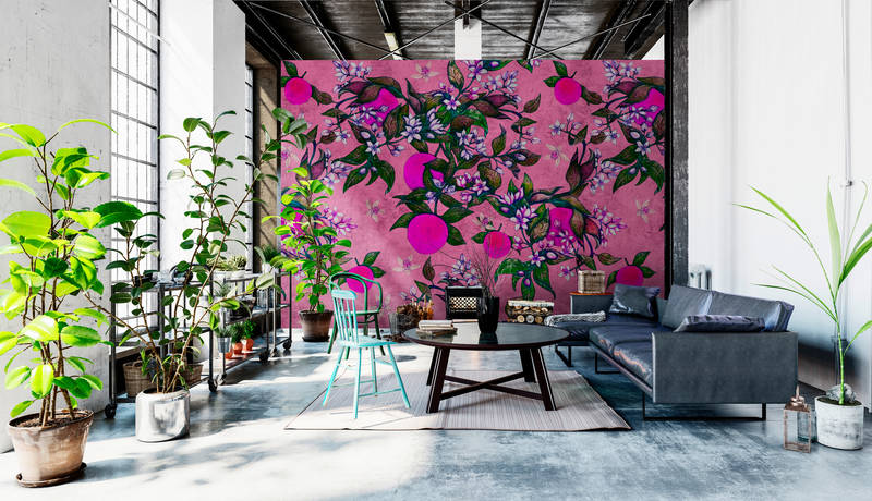             Grapefruit Tree 2 - Photo wallpaper with grapefruit & flower design in scratchy texture - Pink, Purple | Matt smooth non-woven
        