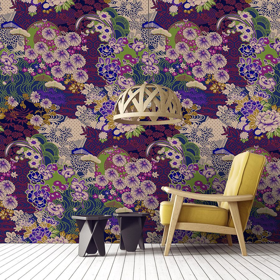 papier peint en papier »kimo 2« - art floral abstrait - violet, vert | intissé légèrement structuré
