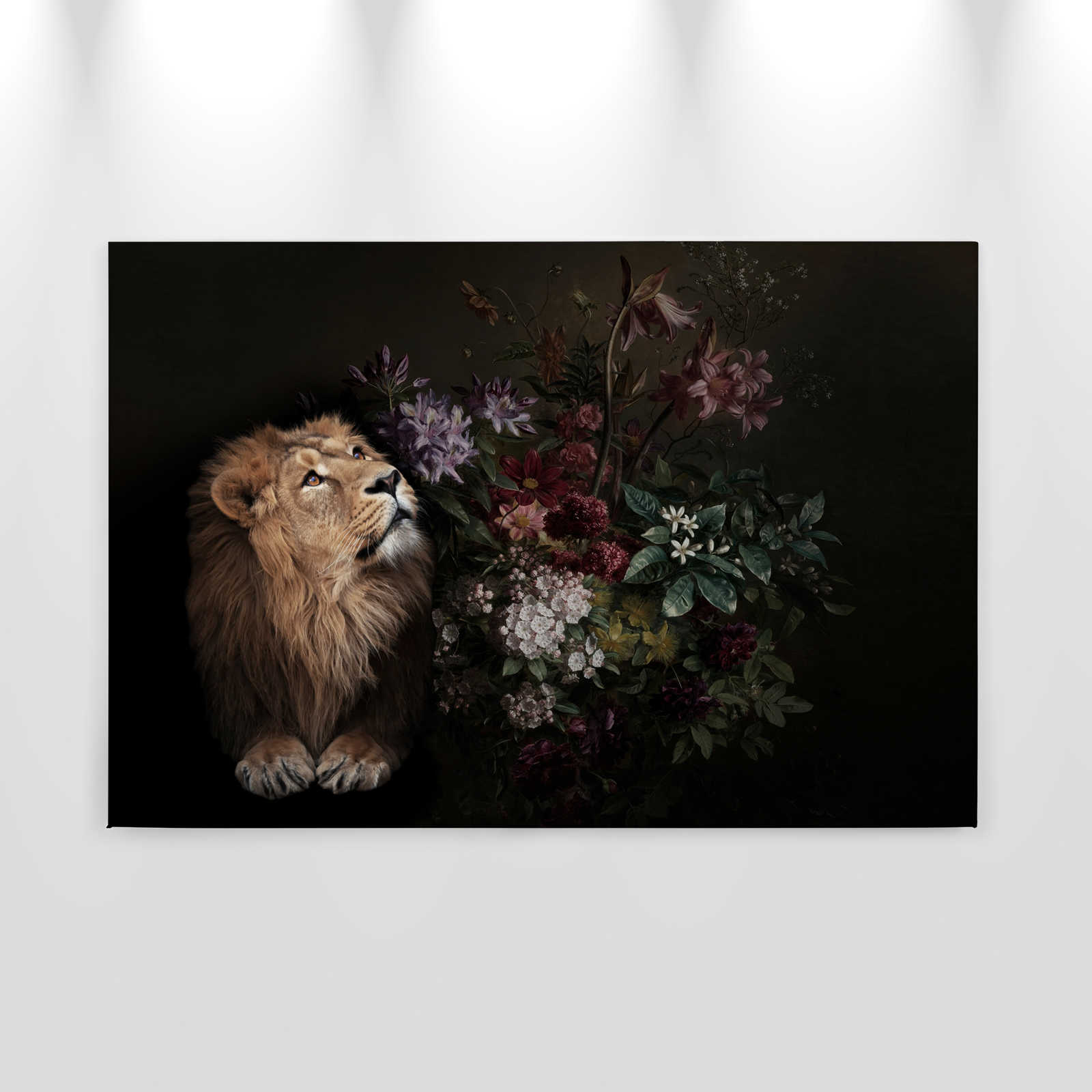             Quadro su tela Ritratto di leone con fiori - 0,90 m x 0,60 m
        