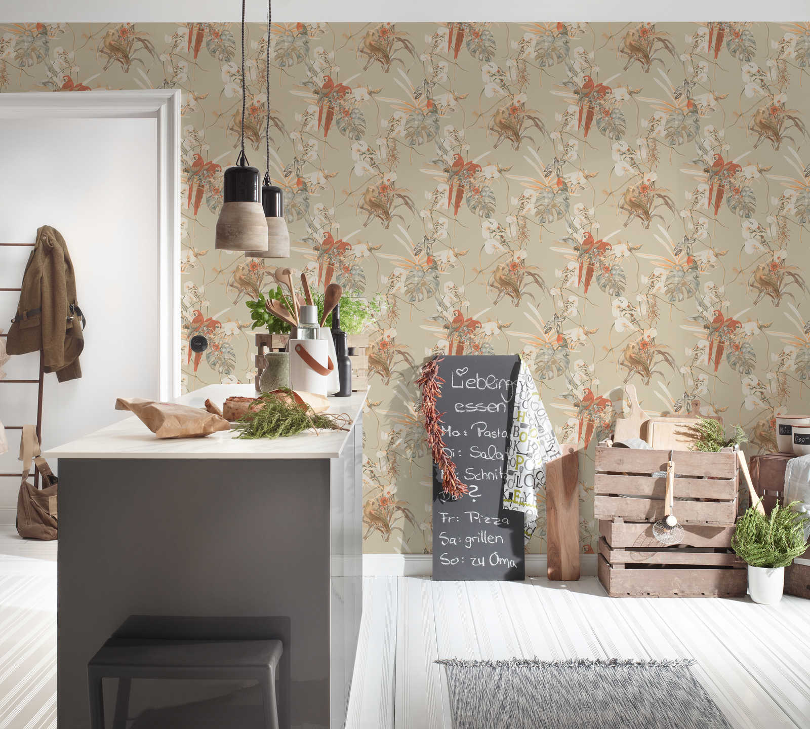             Wallpaper tropical design, parrot & exotic flowers - beige, brown
        