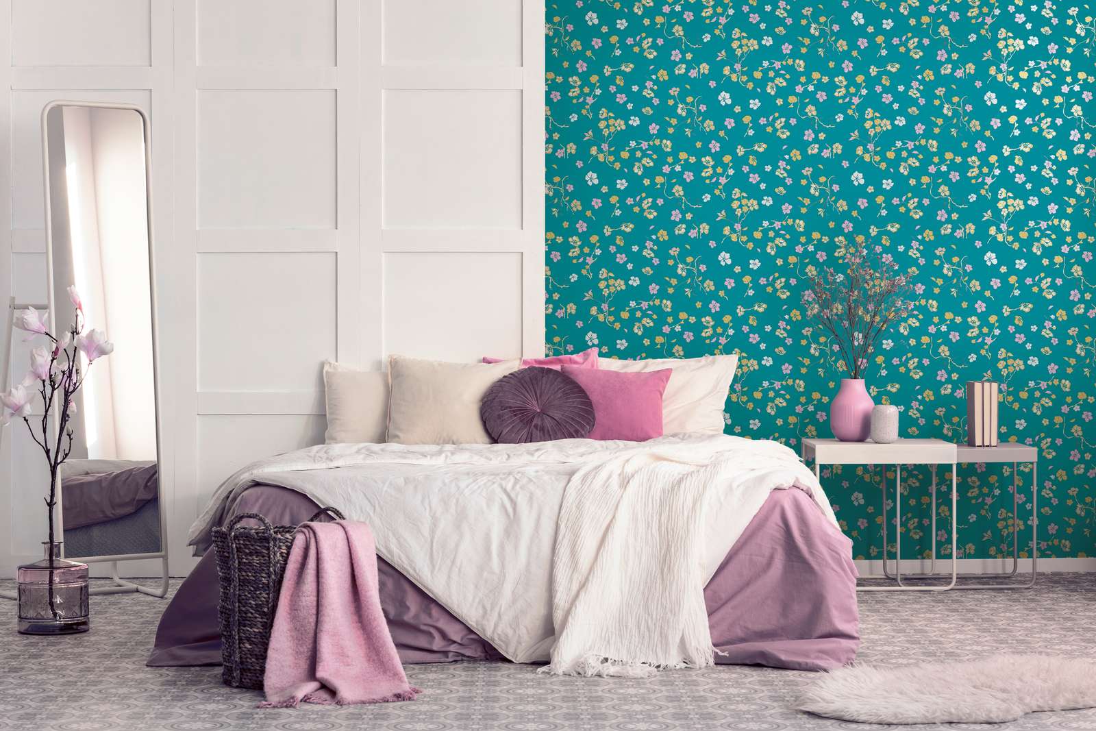             Floral wallpaper in country style with gloss - turquoise, yellow, pink
        