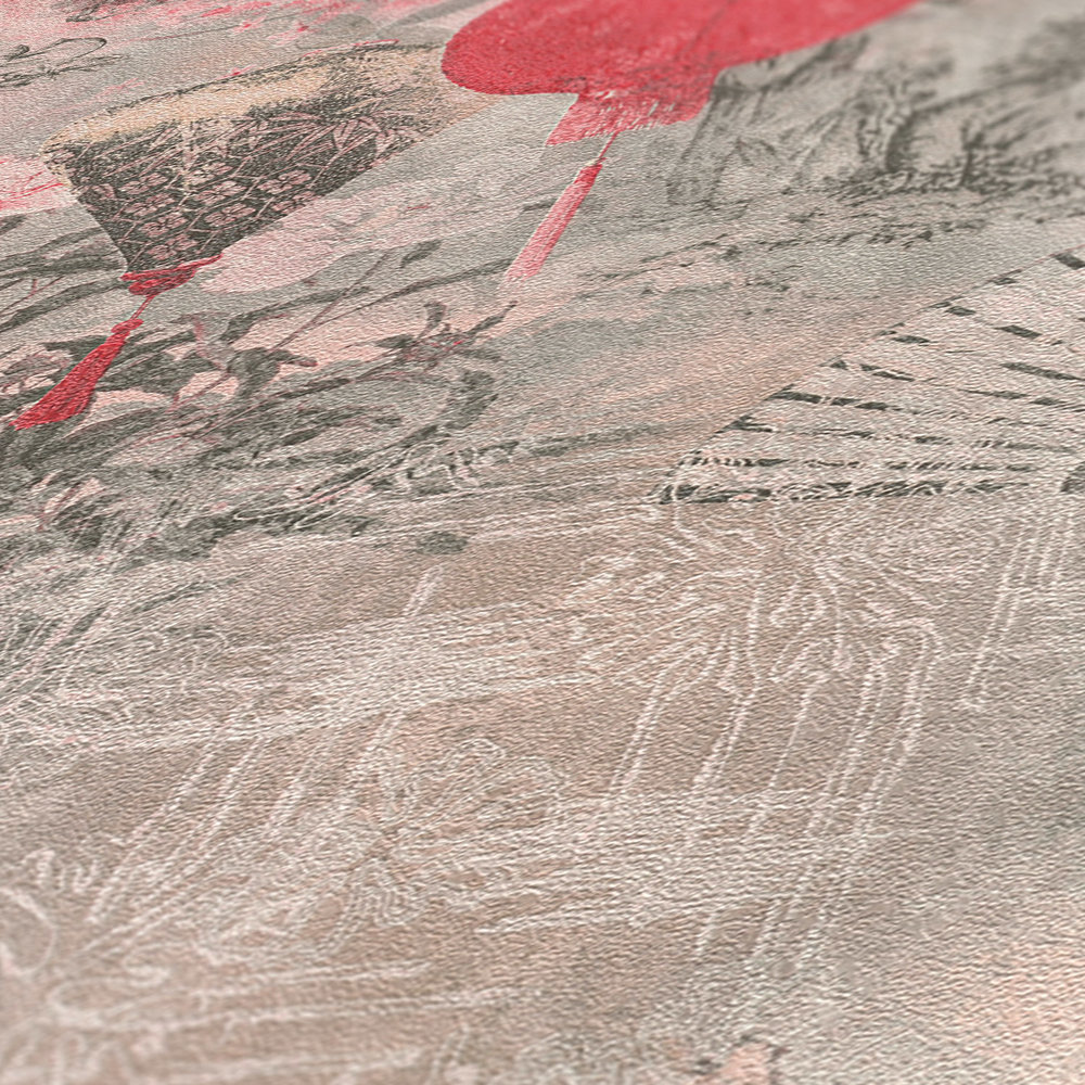             Papier peint intissé avec motif paysager et décor asiatique - gris, rouge, rose
        