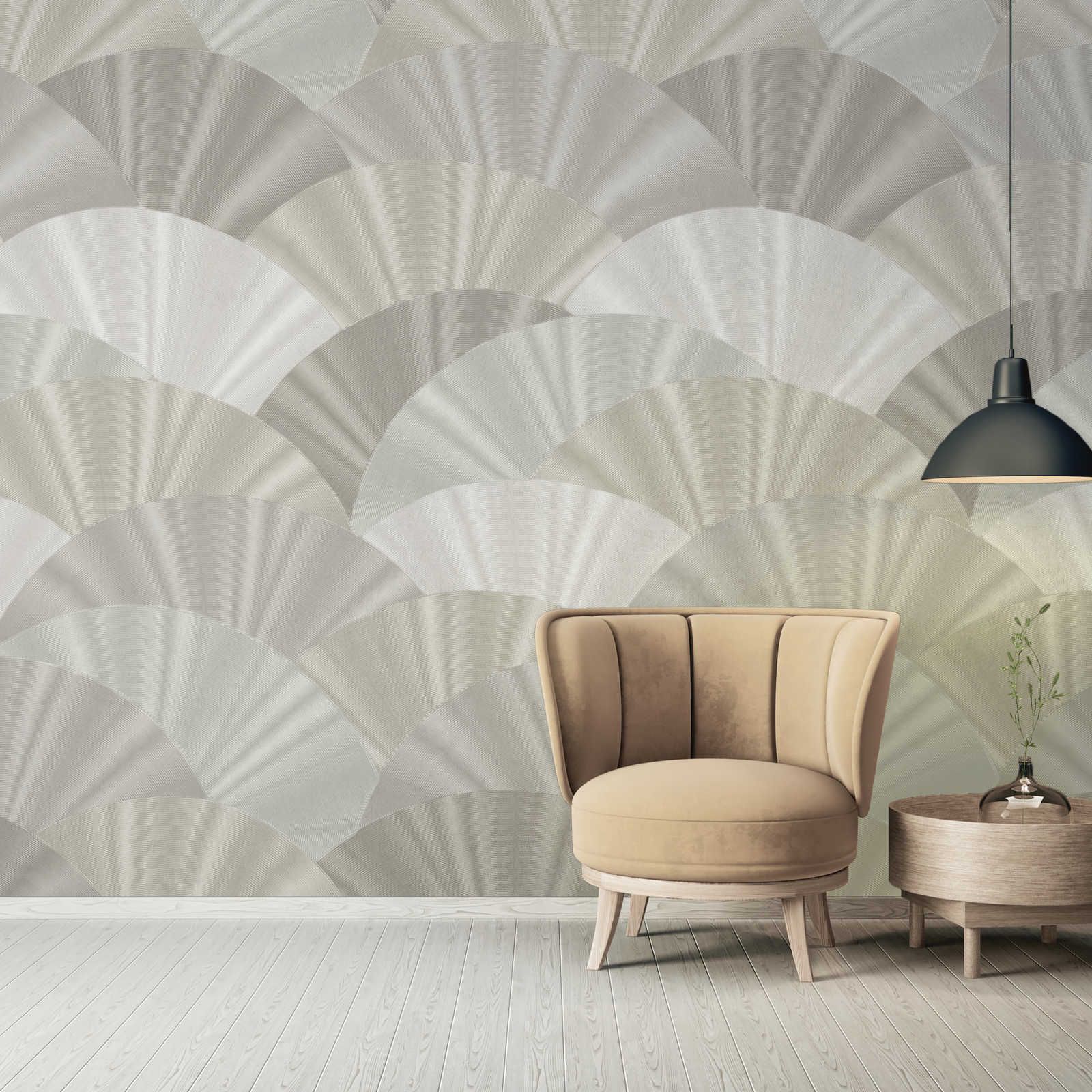 Non-woven wallpaper fan pattern with fabric look - grey, silver
