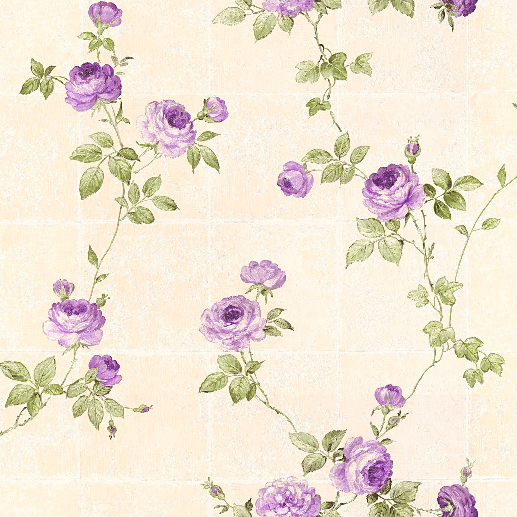 wallpaper roses vines & tile look - beige
