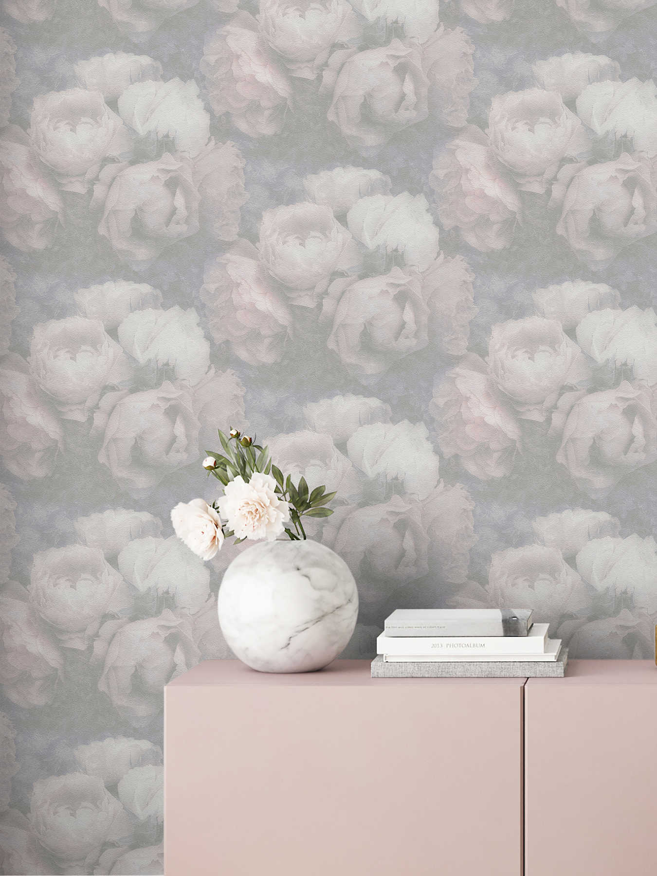             Pastel wallpaper with peonies - pink, grey, white
        