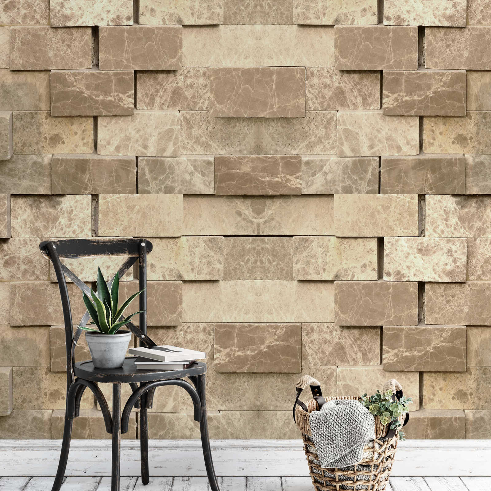             Photo wallpaper 3D stone look wall - grey, white
        
