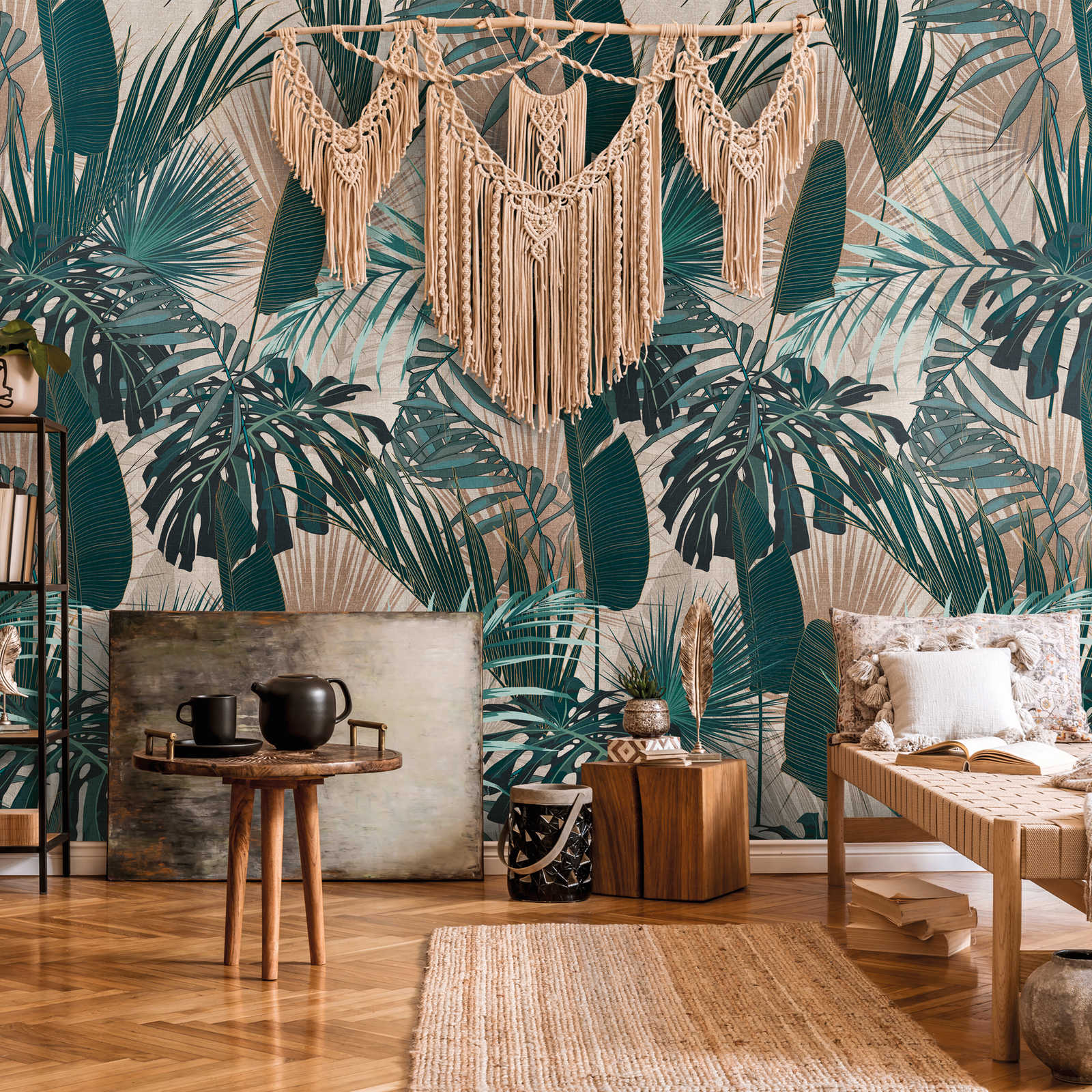 Wallpaper with jungle leaves motif - green, beige, petrol
