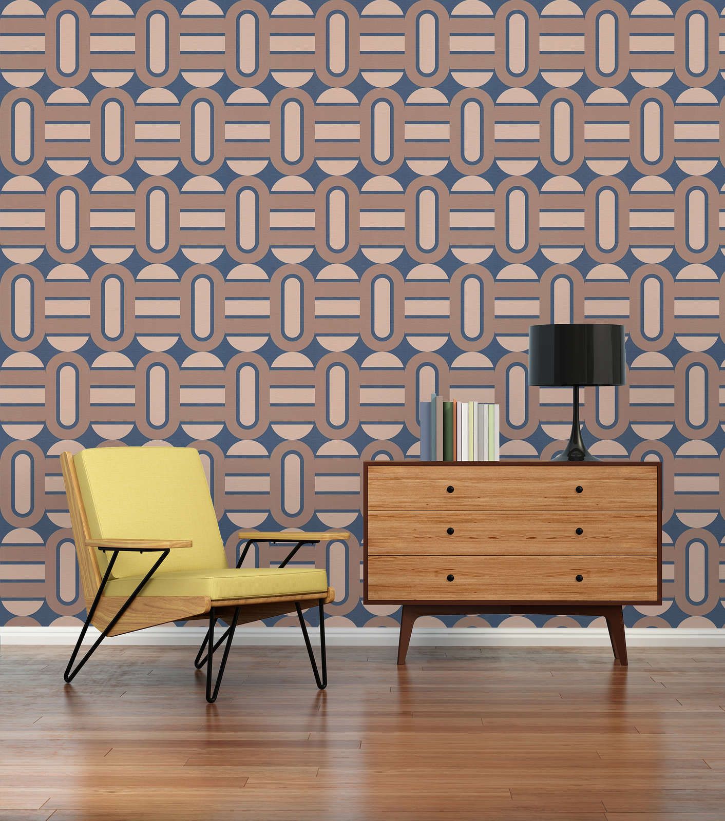            Retro style wallpaper decorated with ovals and bars - blue, brown, beige
        