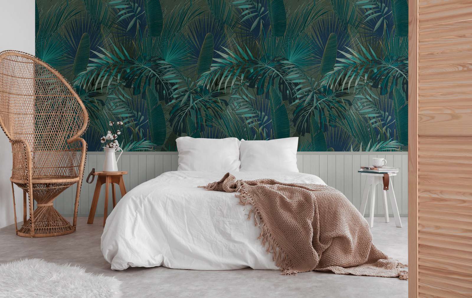             Papel pintado motivo no tejido con borde de zócalo efecto madera y motivo jungla - gris, azul, turquesa
        