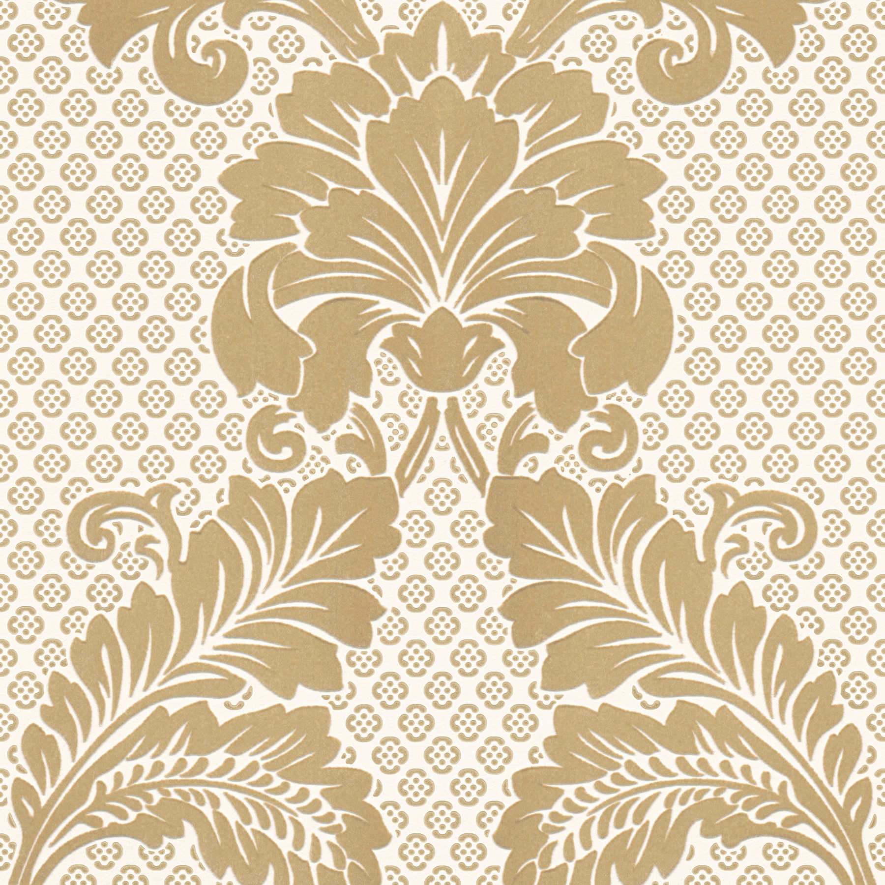 Patterned ornamental wallpaper with large floral motif - gold, cream
