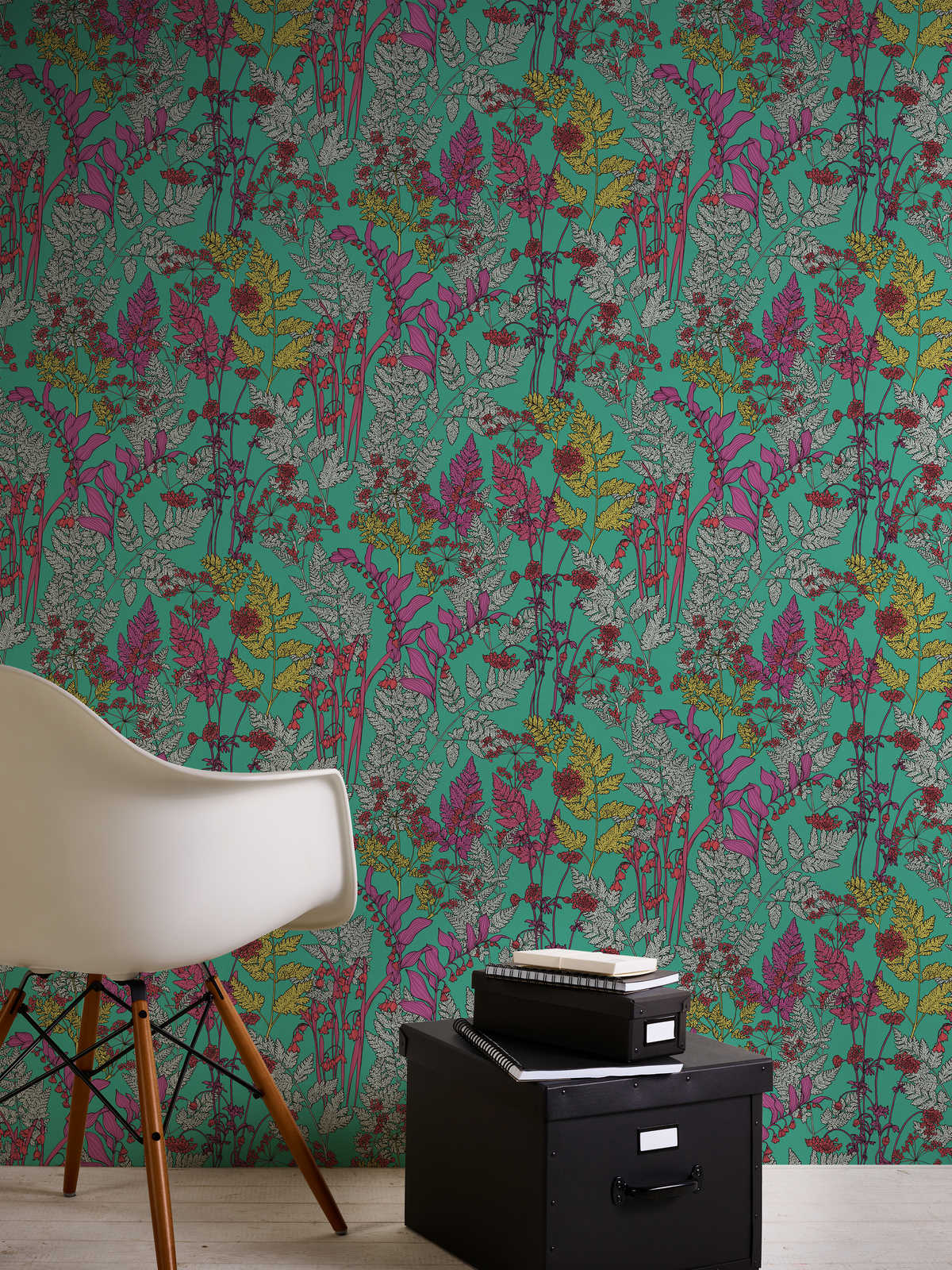             Green non-woven wallpaper colourful leaves pattern in drawing style - green, purple, grey
        