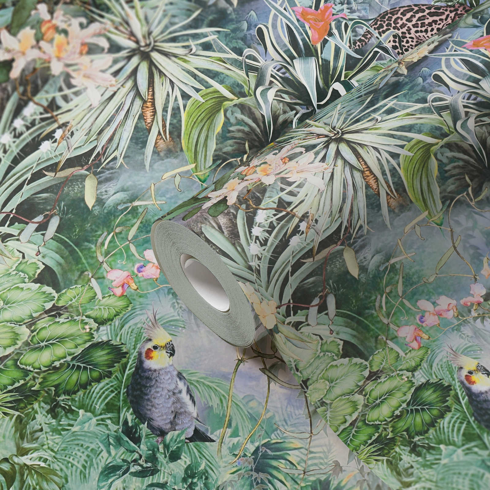             Floral wallpaper jungle animals & plants - green, grey
        