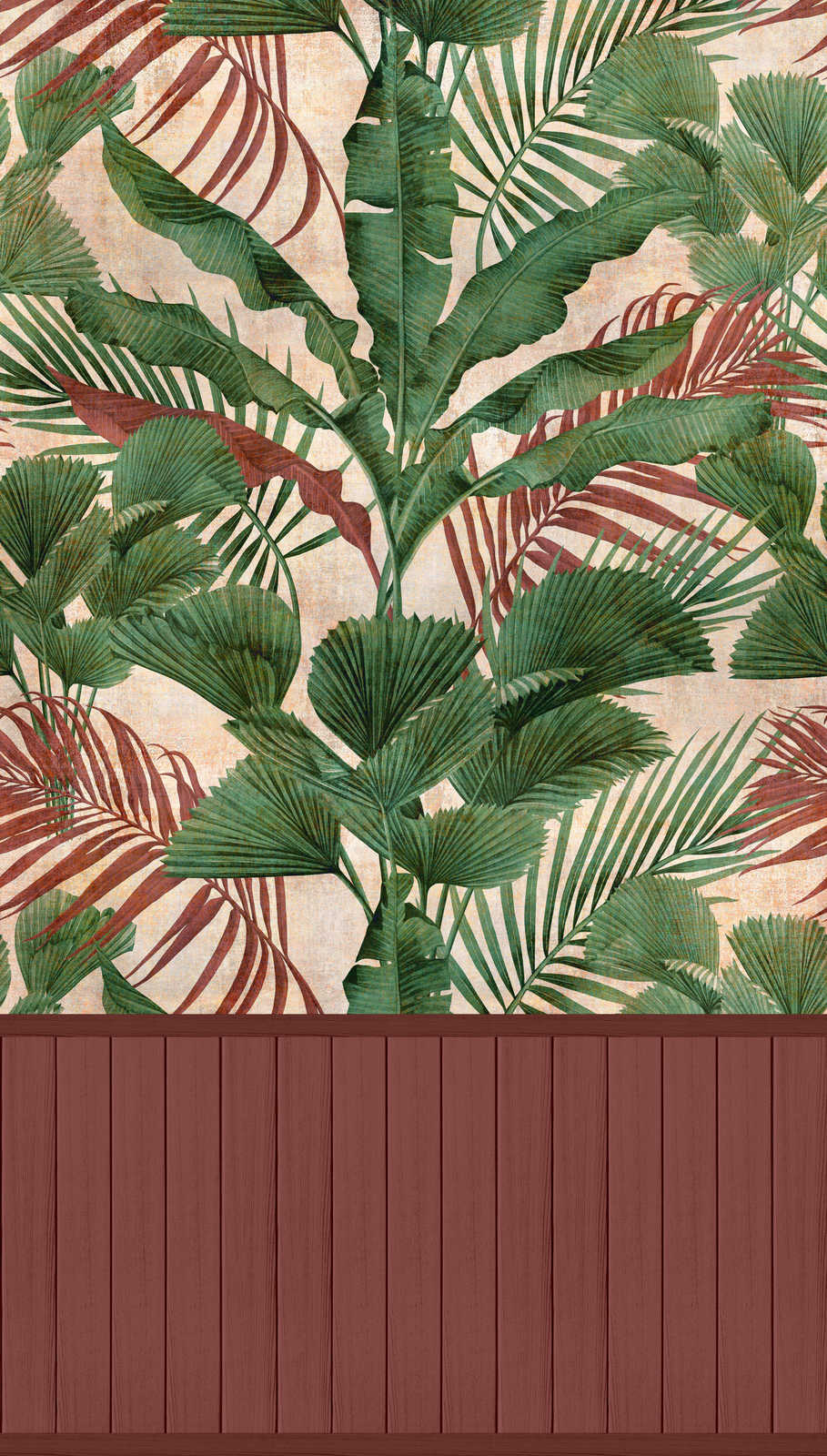             Onderlaag behang met vliesmotief, plintrand met houteffect en junglepatroon - rood, groen, beige
        