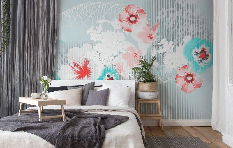             Mural de pared de diseño floral, gráfico y natural - azul, gris, rosa
        