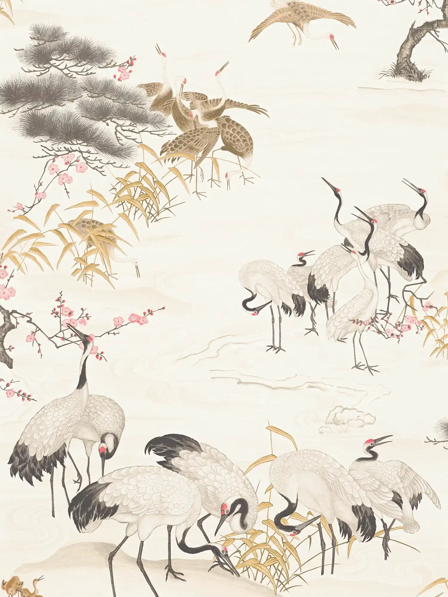 Papier peint grue de style asiatique avec motif animalier - crème
