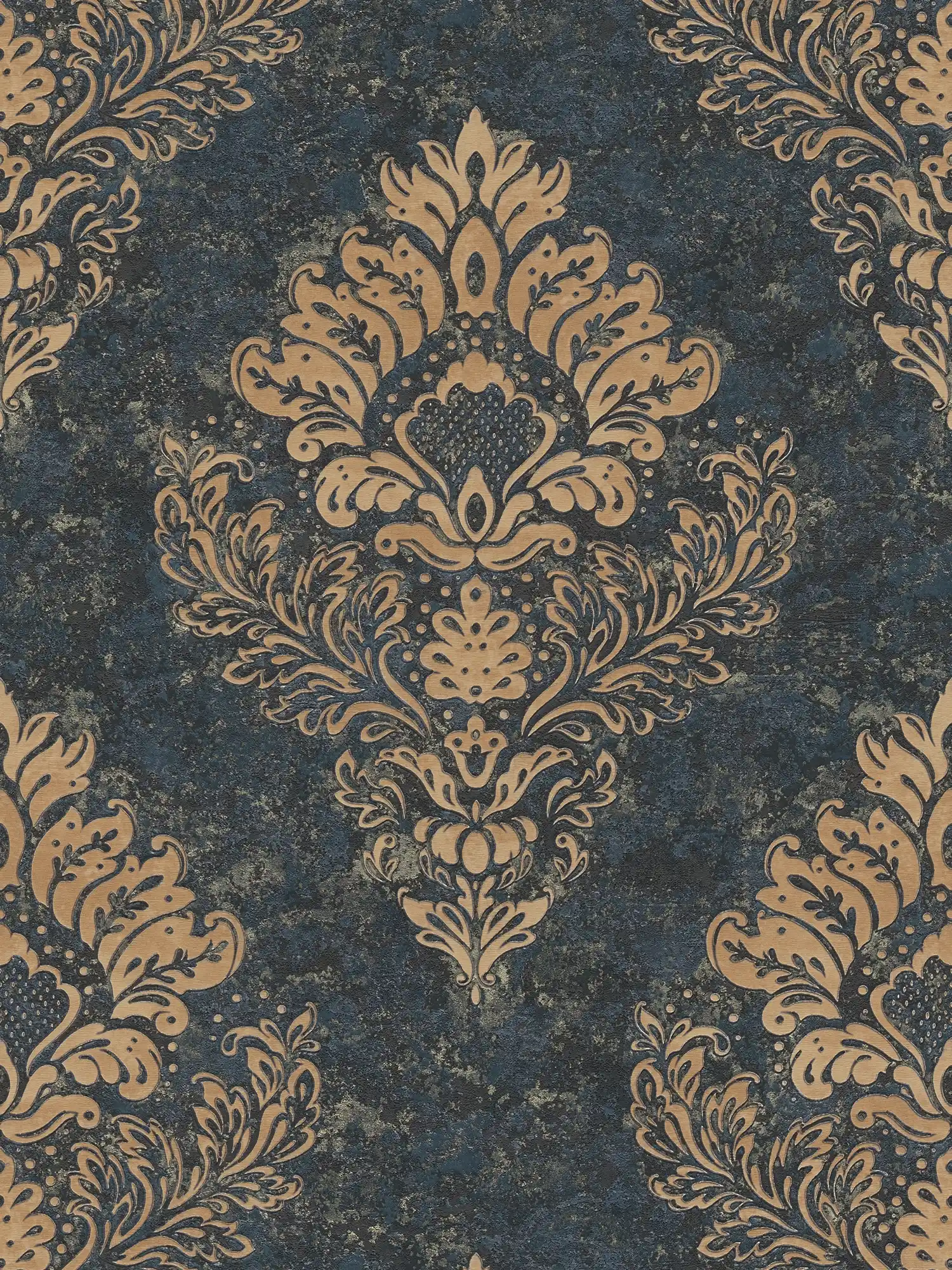 Ornamental wallpaper with floral style & gold effect - beige, blue, brown
