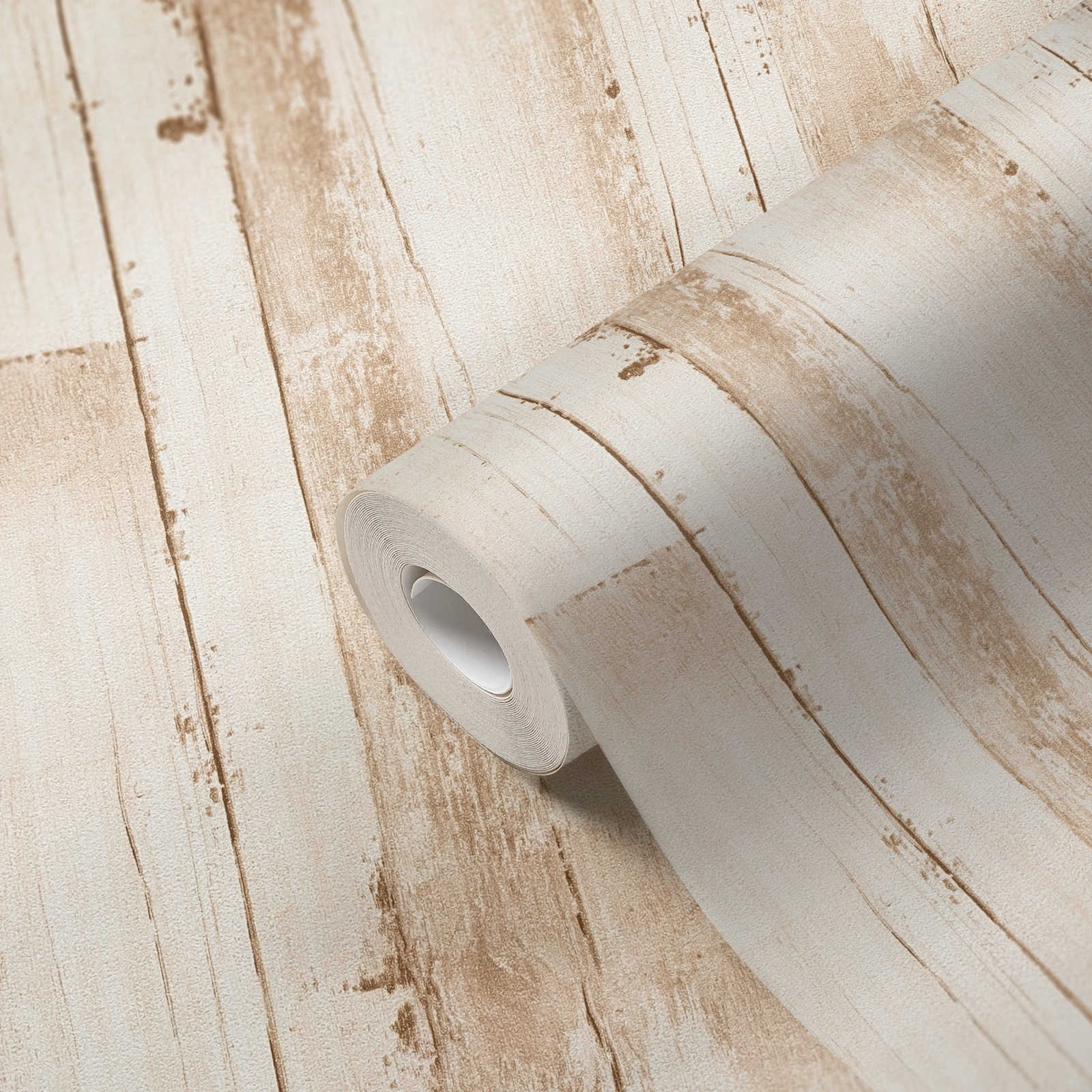             Papel pintado de madera no tejida con aspecto de tablones sin PVC - Beige, Blanco
        
