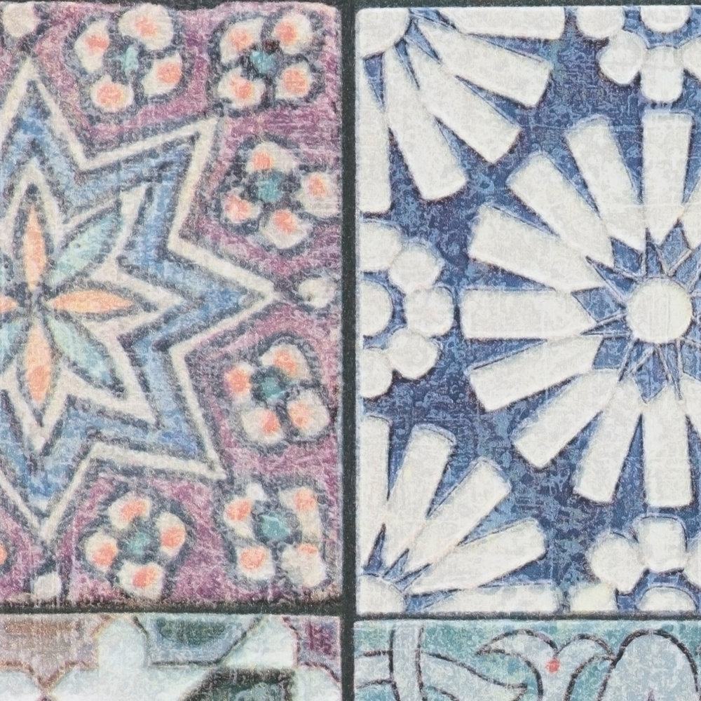             Carta da parati autoadesiva con motivo a mosaico vintage - Colorata, blu, viola
        