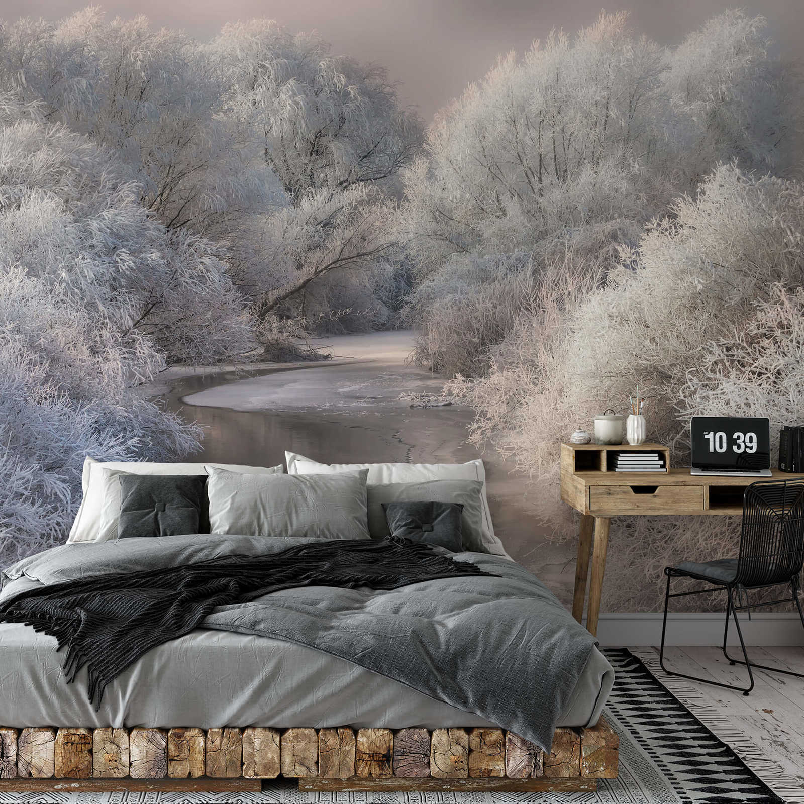             Muurschildering bevroren bos met rivier - Wit, Grijs
        