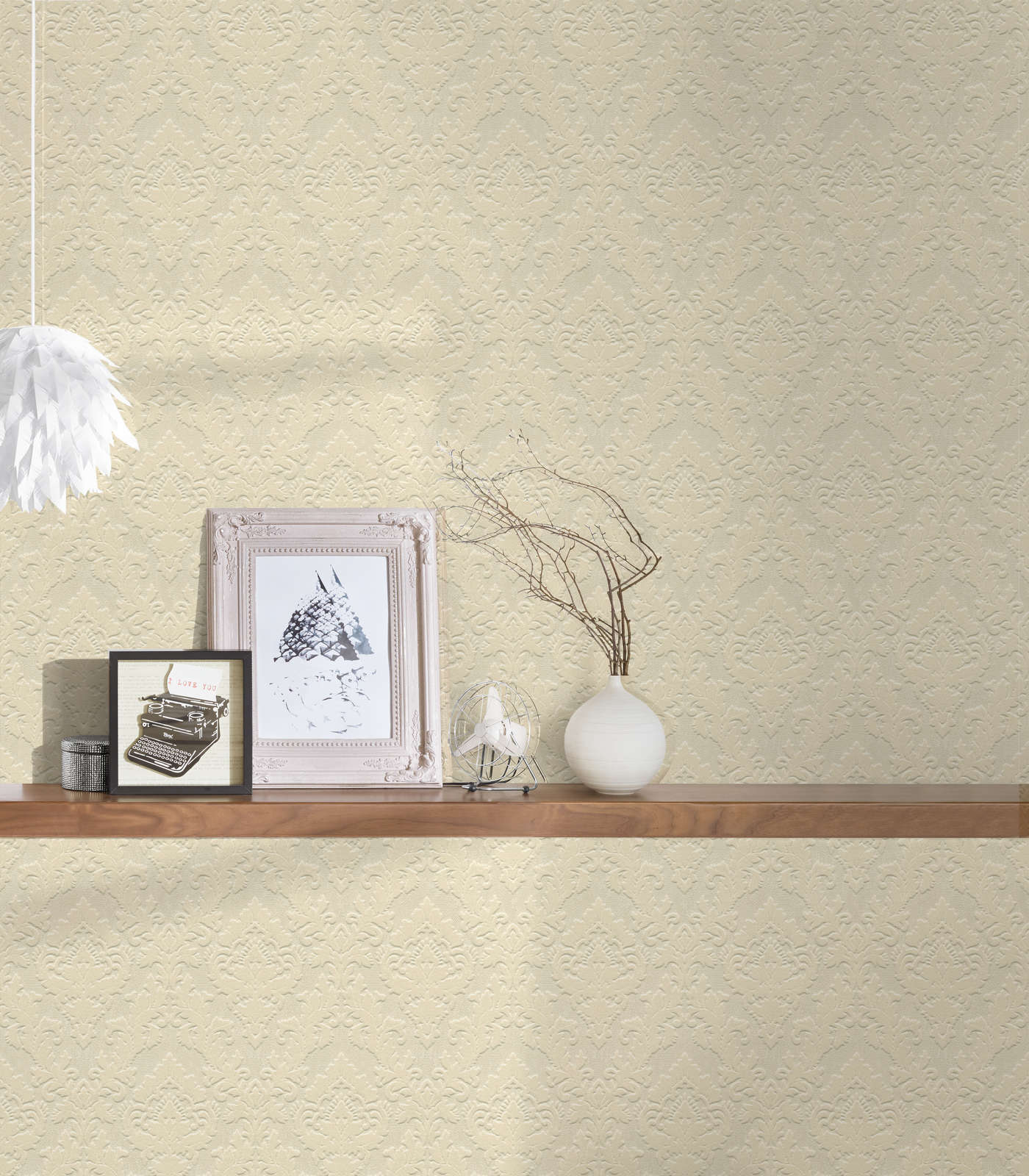             Baroque wallpaper with flock ornaments & silk gloss - beige
        
