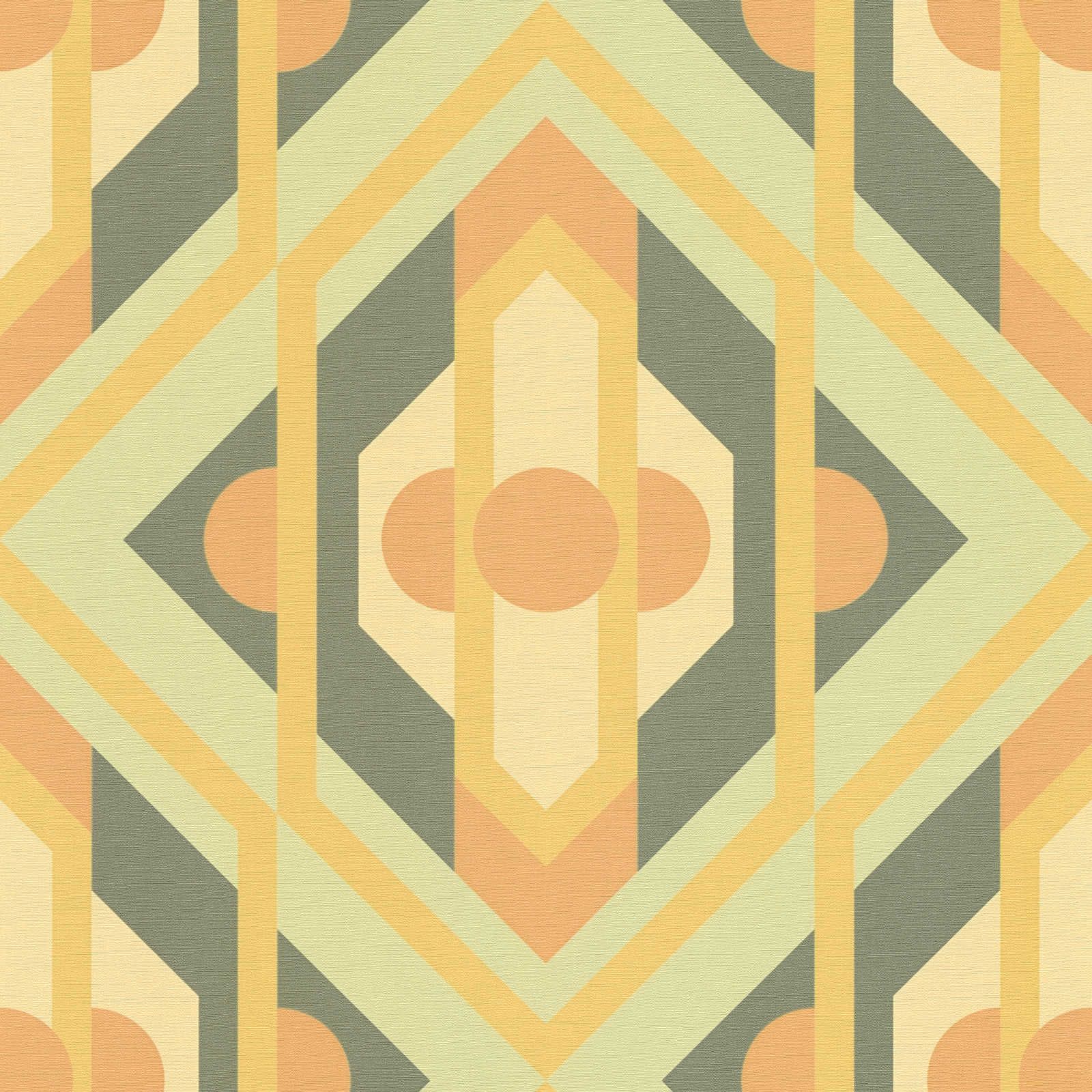         Geometric ornaments in retro style on non-woven wallpaper - green, yellow, orange
    