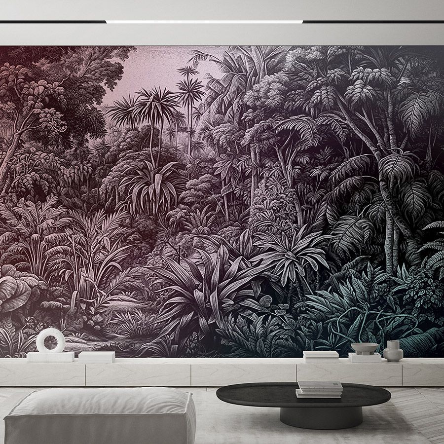 Photo wallpaper »livia« - Jungle design with colour gradient - Purple to dark green | Smooth, slightly shiny premium non-woven fabric
