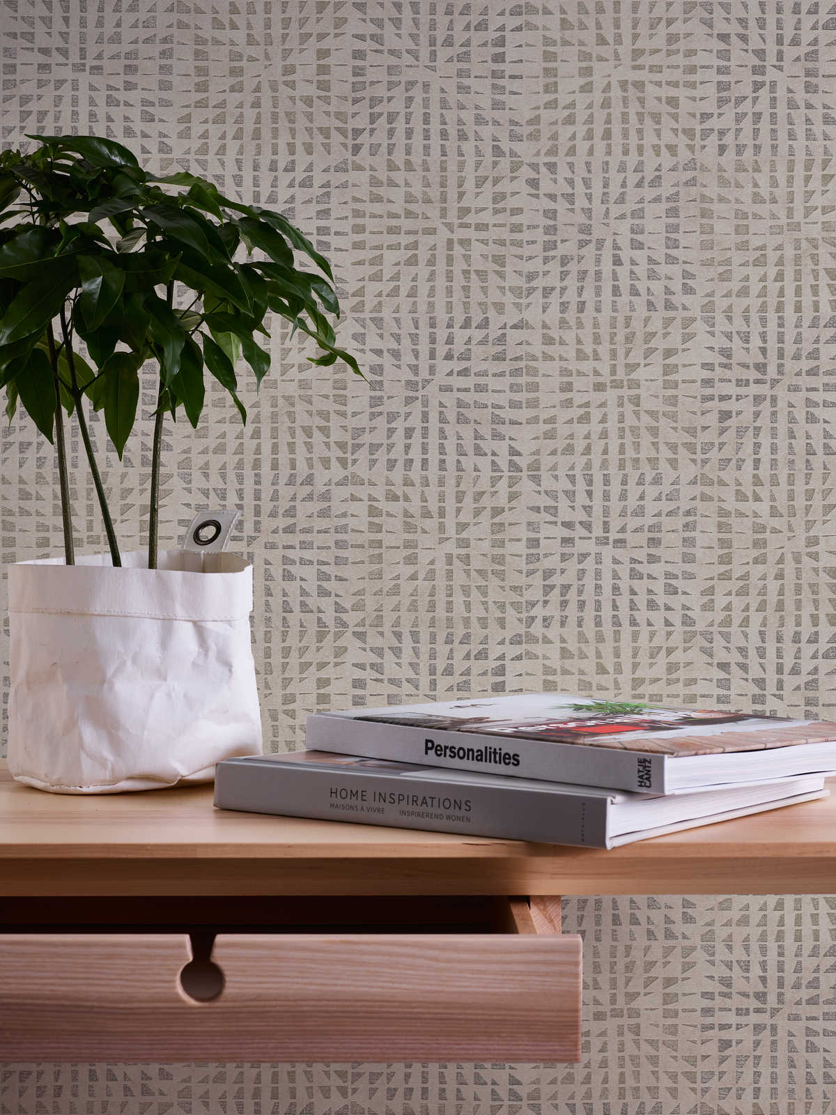             Ethno wallpaper with textured pattern & mosaic effect - grey, beige
        