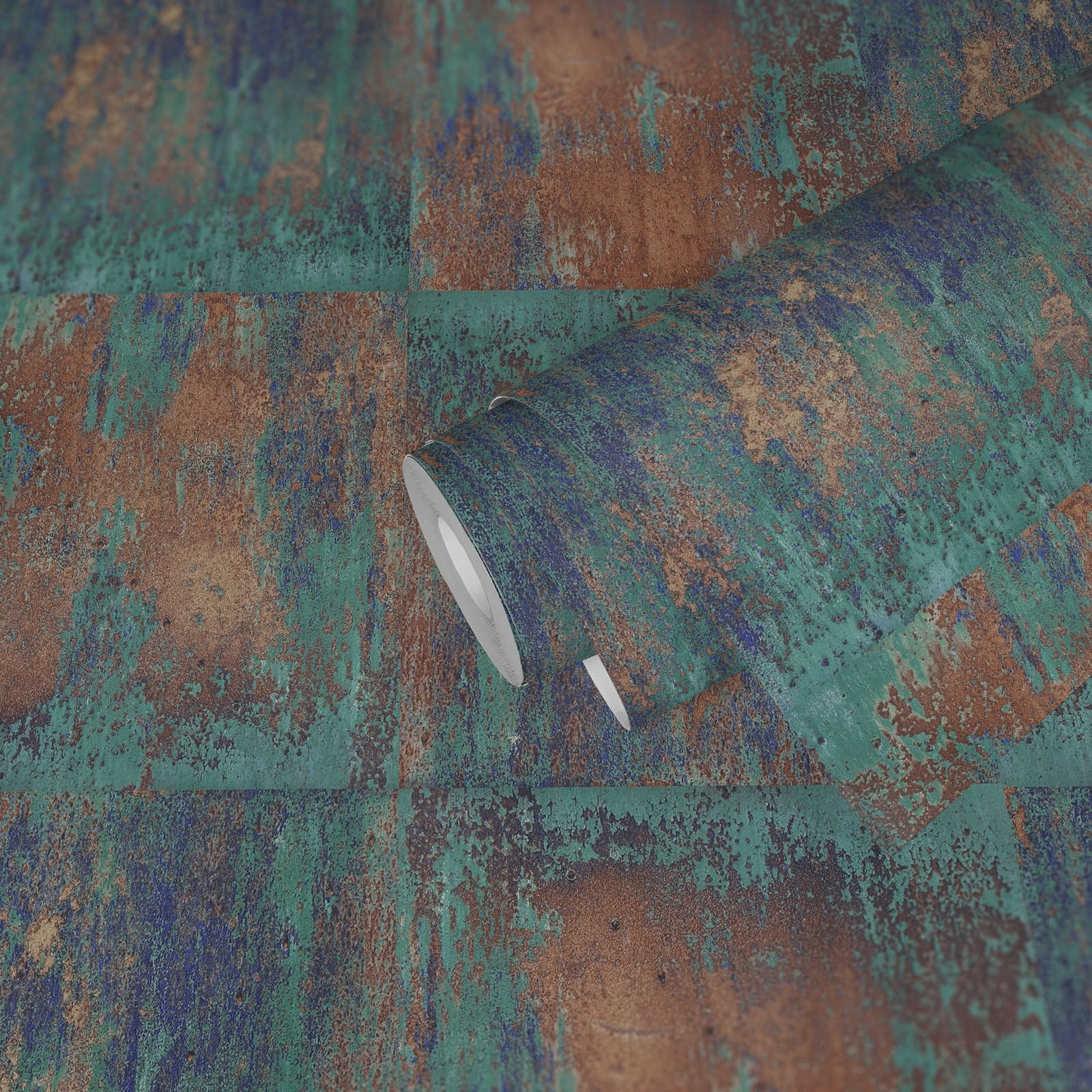             Papier peint adhésif | aspect rouille design métal rustique - bleu, marron
        