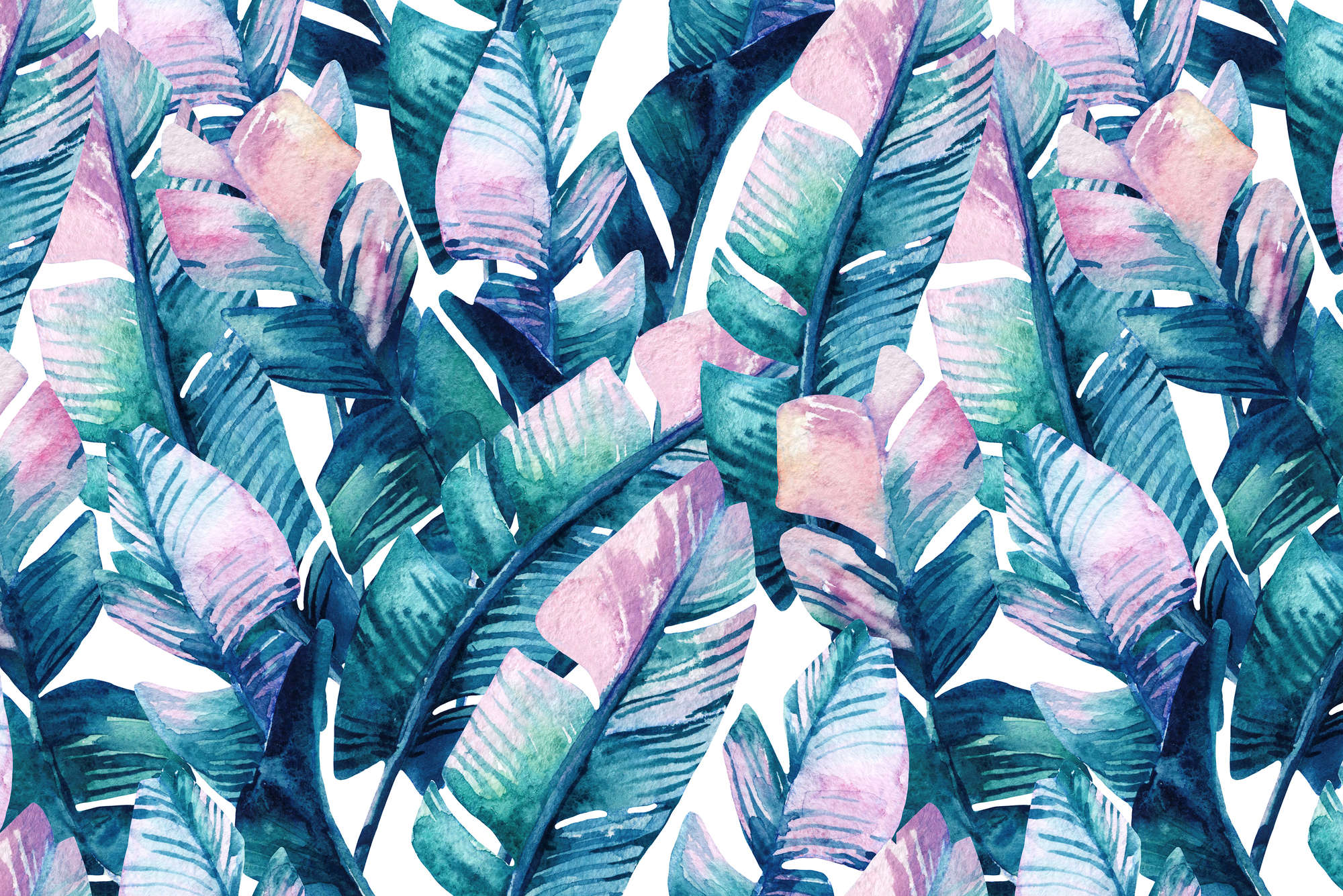             Grafisch behang jungle planten roze turquoise op premium gladde fleece
        