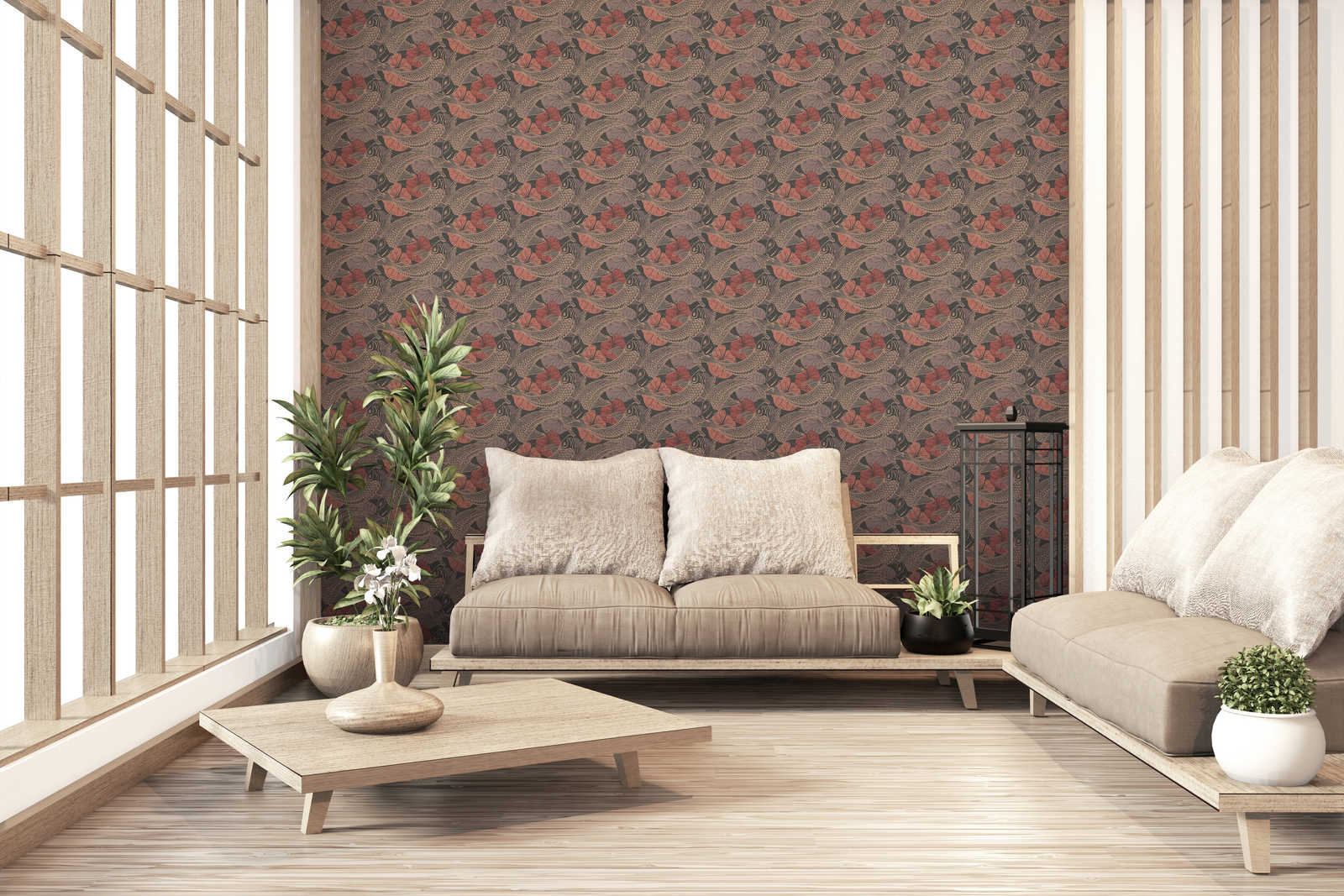             Pattern wallpaper koi motif with metallic accents - brown, red, black
        