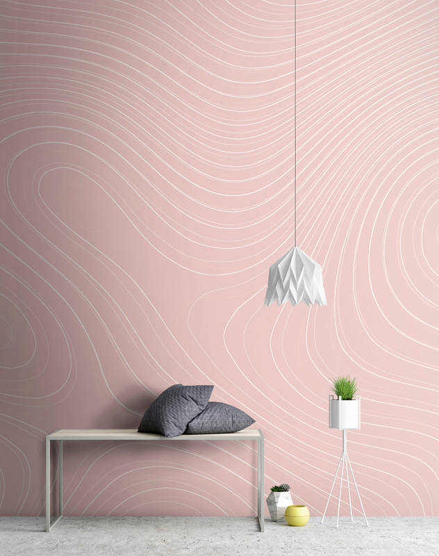             Papel pintado con motivo de líneas abstractas - rosa, blanco
        